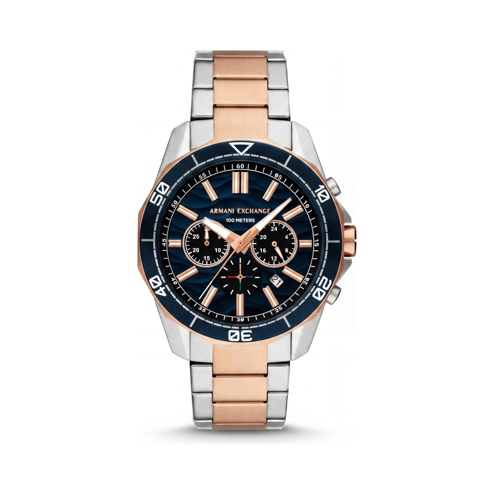 Reloj cronógrafo de pulsera Armani Exchange para hombre con esfera azul, negro bicolor y caja de 44 mm.