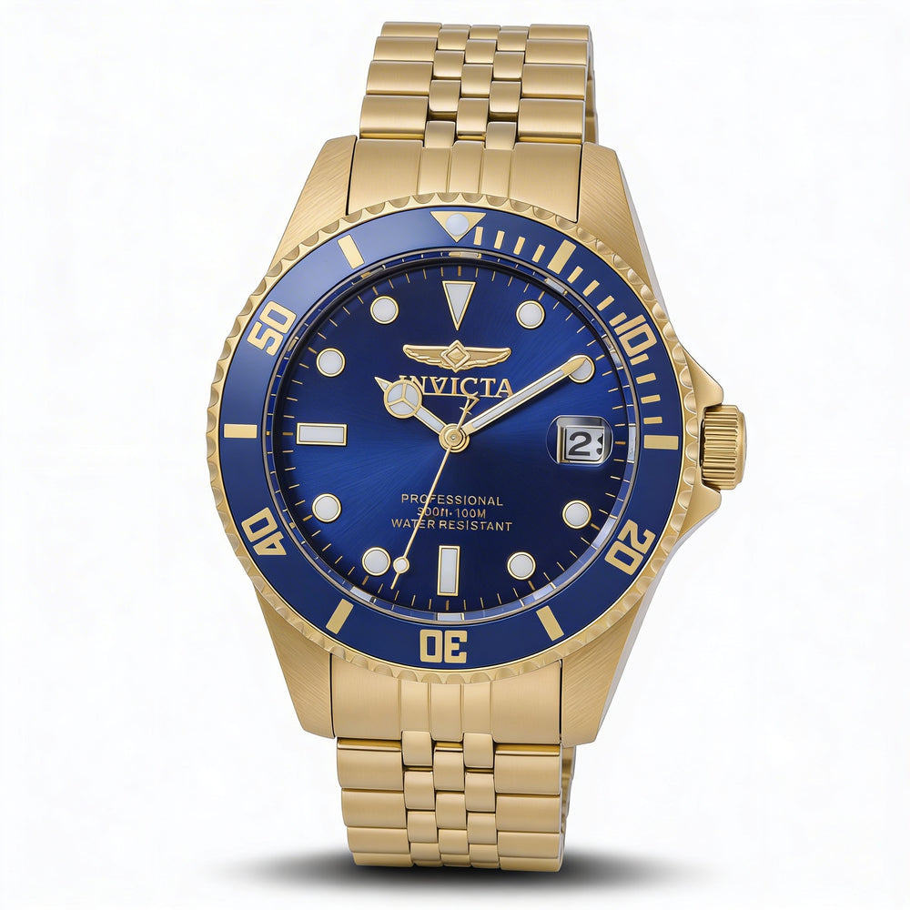 Reloj de buceo de cuarzo Invicta Pro Diver para mujer con fecha, caja dorada y esfera azul de 34 mm.