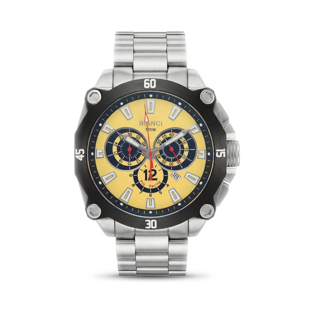 Roberto Bianci Men's Analog Chronograph Quartz Watch with Silver Stainless Steel Case & Bracelet, Yellow Dial, Photo 1