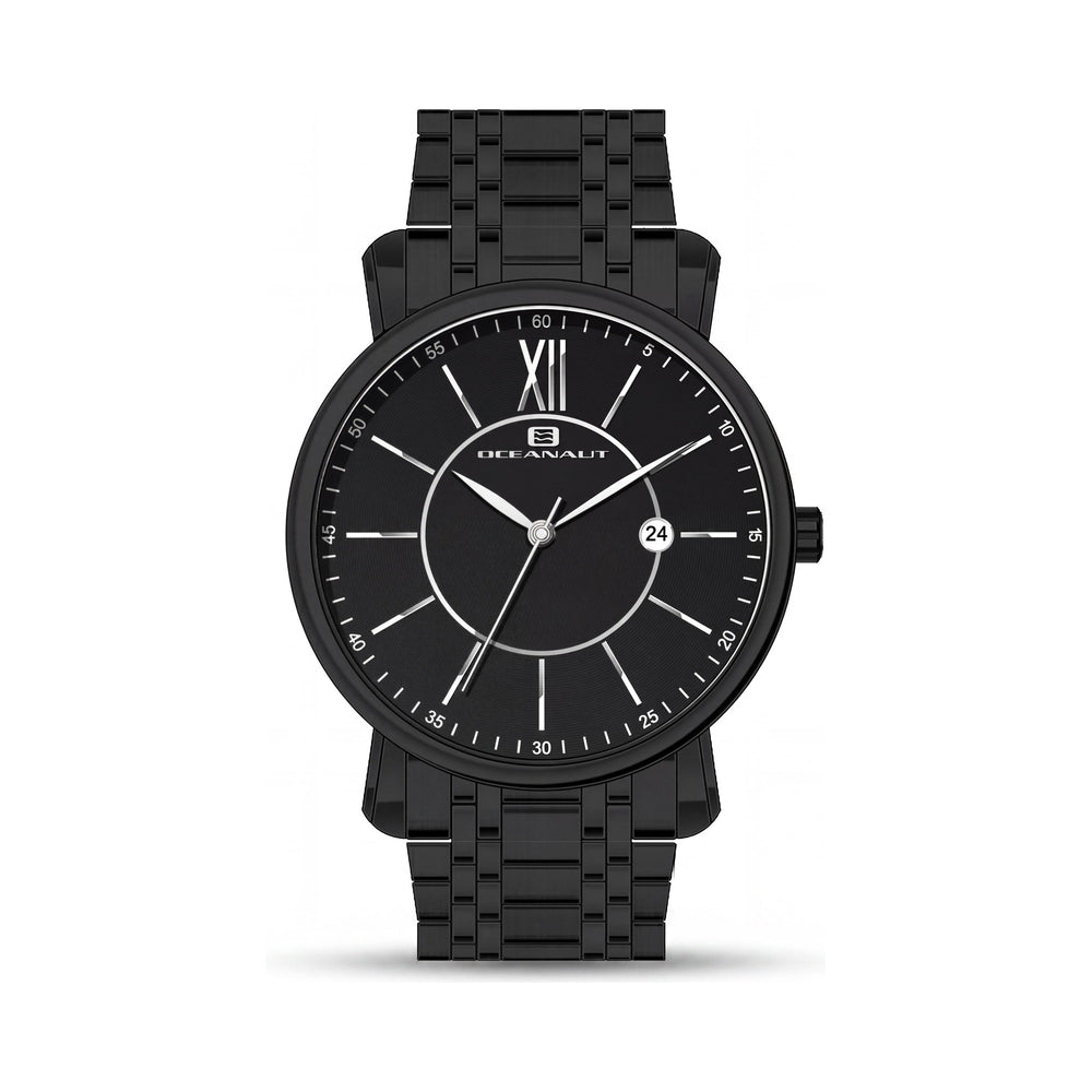 Reloj Oceanaut para hombre con esfera negra, caja y pulsera de acero inoxidable, movimiento de cuarzo, resistente al agua.