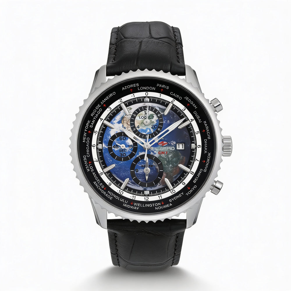 Reloj de cuarzo Seapro Meridian World Timer GMT, esfera azul, caja de acero inoxidable, correa de piel, para hombre