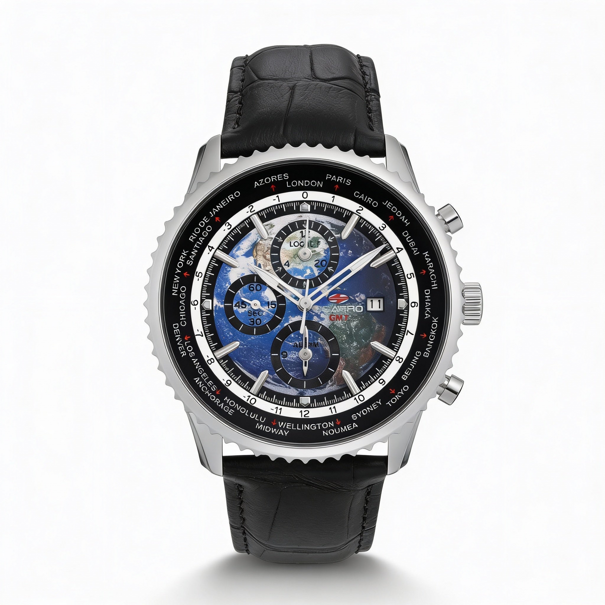 Seapro Meridian World Timer GMT Quartz Watch, Blue Dial, Stainless Steel Case, Leather Strap, Men's, Photo 1