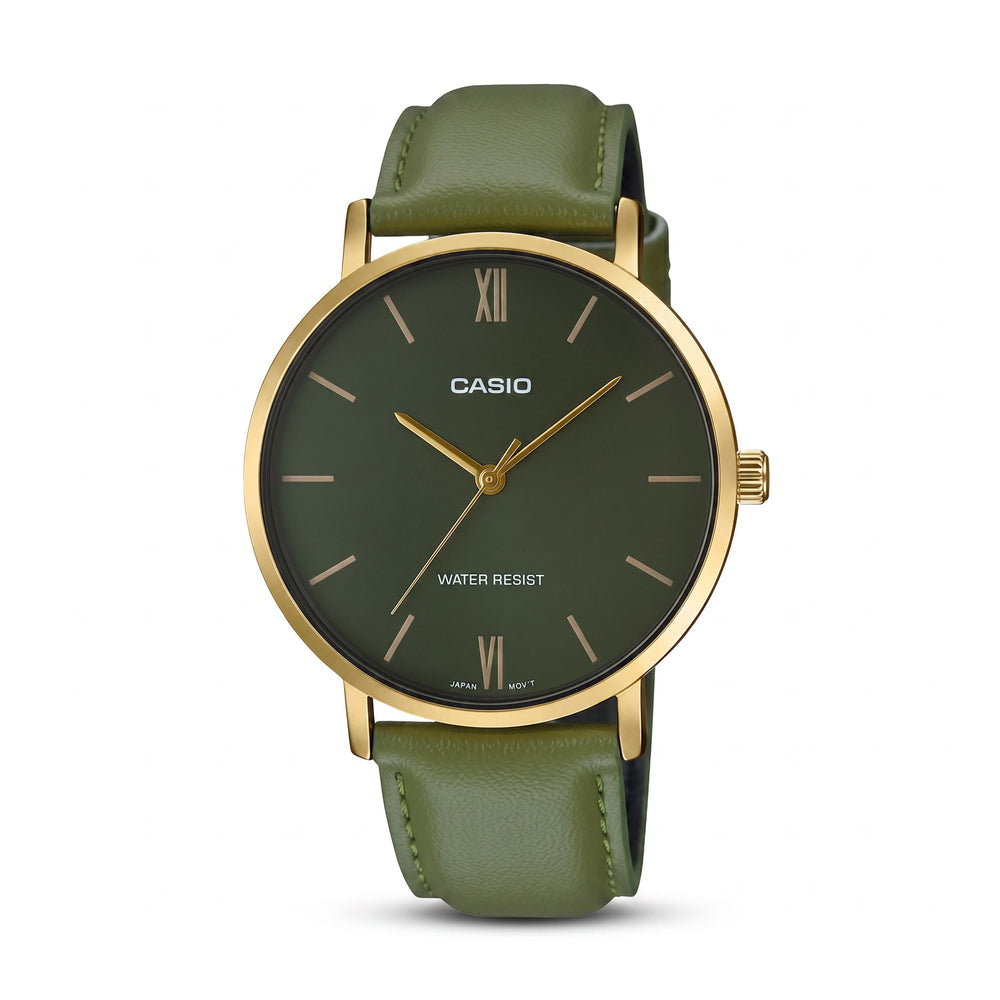 Casio Men’s Analog Watch with Quartz Movement, Green Genuine Leather Band, Stainless Steel Case, 40mm