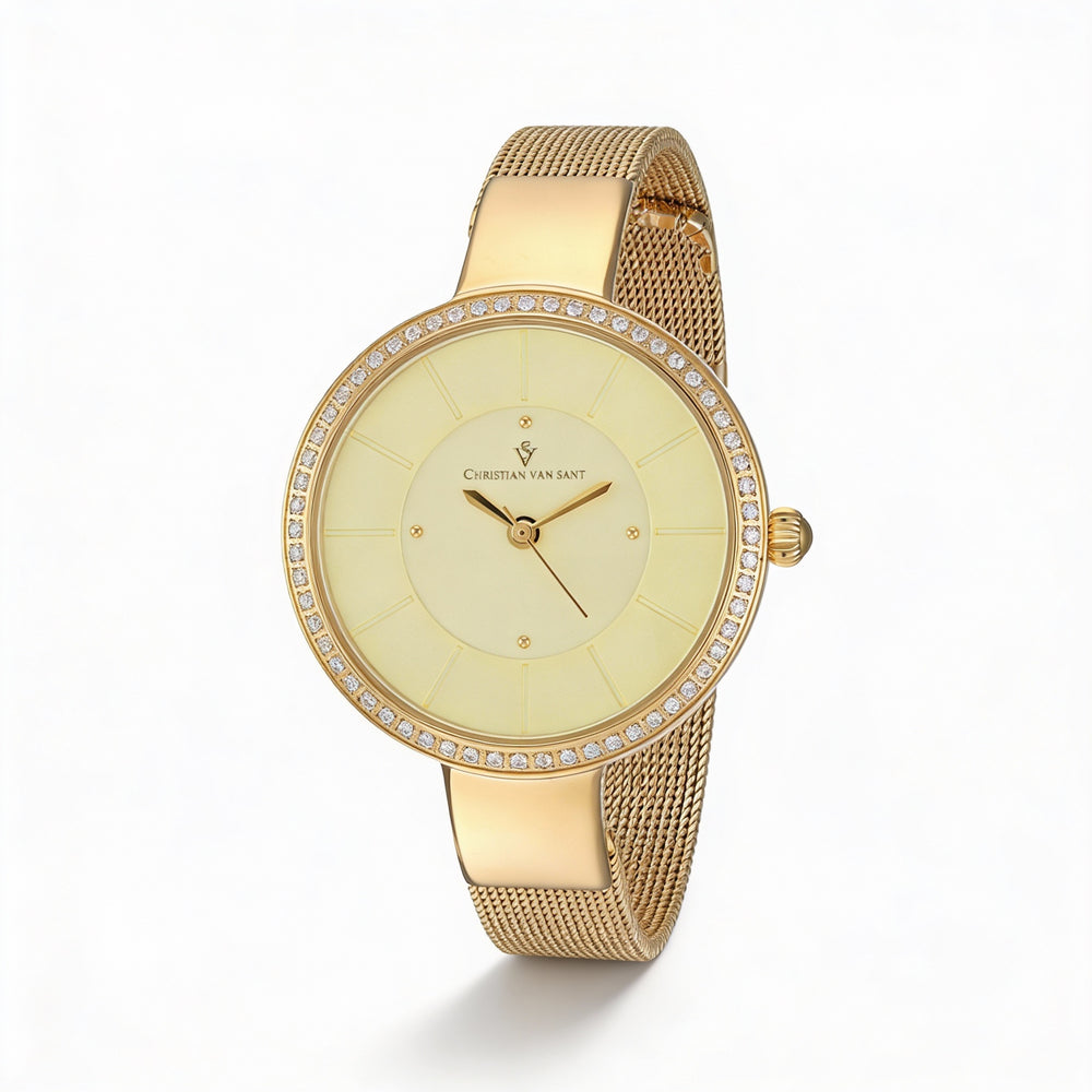 Christian Van Sant Women's Gold Tone Stainless Steel Bracelet Watch, Crystals on Bezel, Quartz, 32mm
