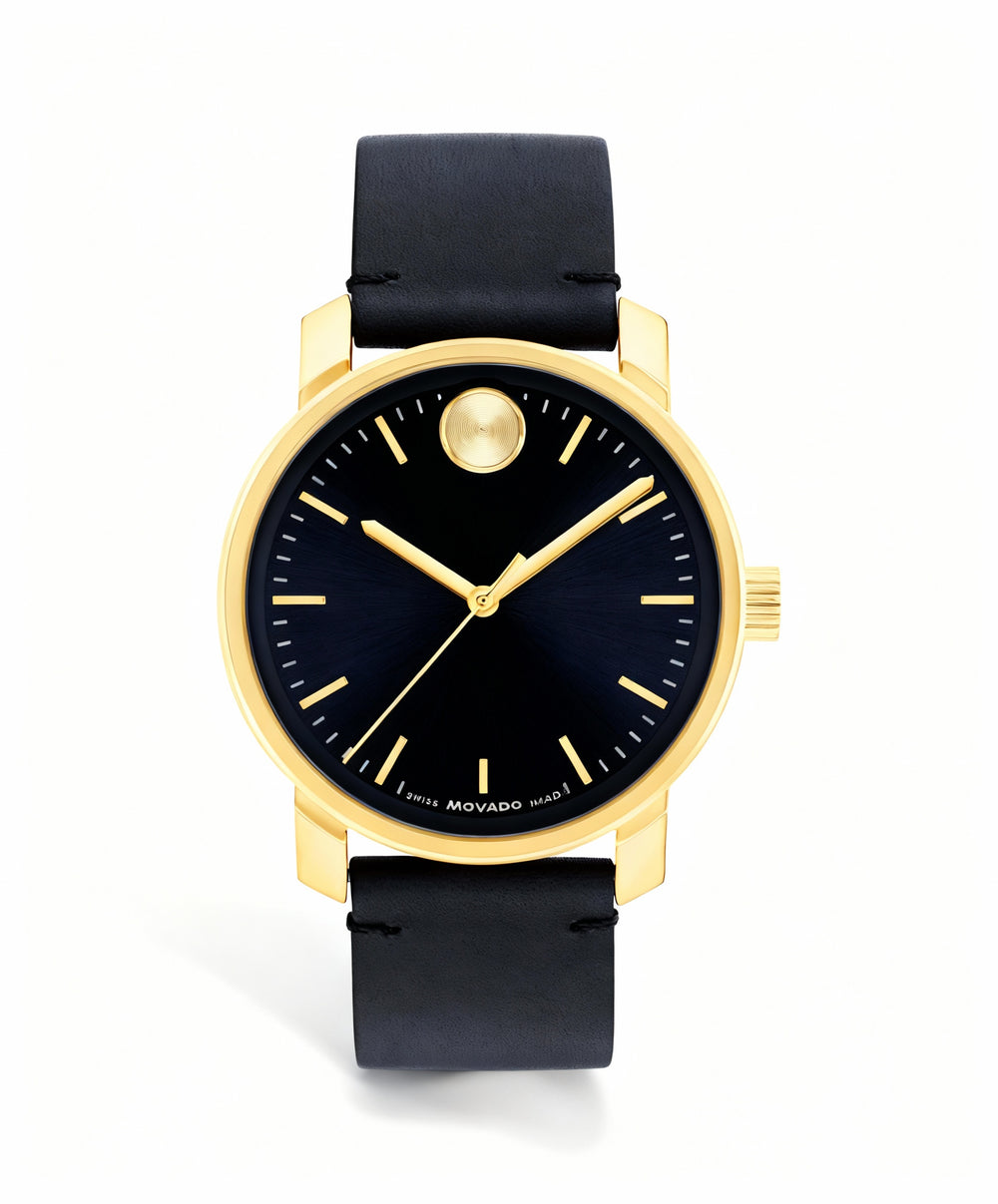 Reloj Movado Bold para hombre, resistente al agua, con caja de acero inoxidable chapado en oro claro iónico y esfera azul marino, correa de piel azul marino