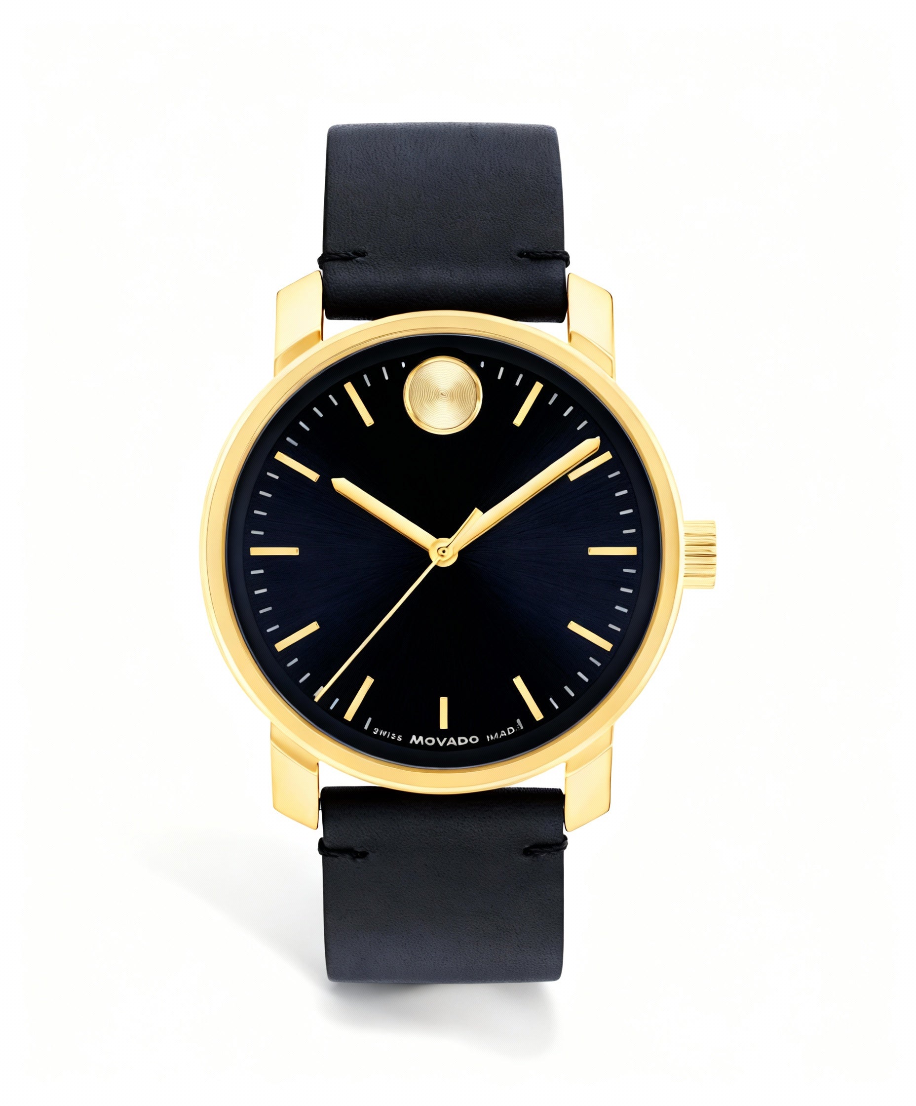 Movado Bold Men's Light Gold Ionic Plated Stainless Steel Case Navy Dial Navy Leather Strap Water Resistant Watch