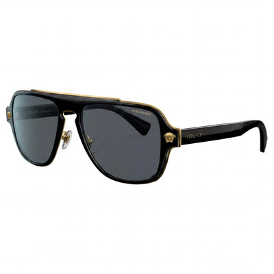 Versace VE2199 Square Unisex UV Protected Metal Sunglasses, Matte Black Light Grey Frame, Light Grey Mirrored Silver Lenses 56mm