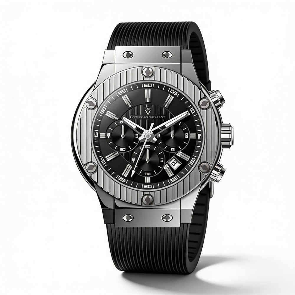 Christian Van Sant Strap Men's Black Stainless Steel Case Rubber Strap Water Resistant Watch