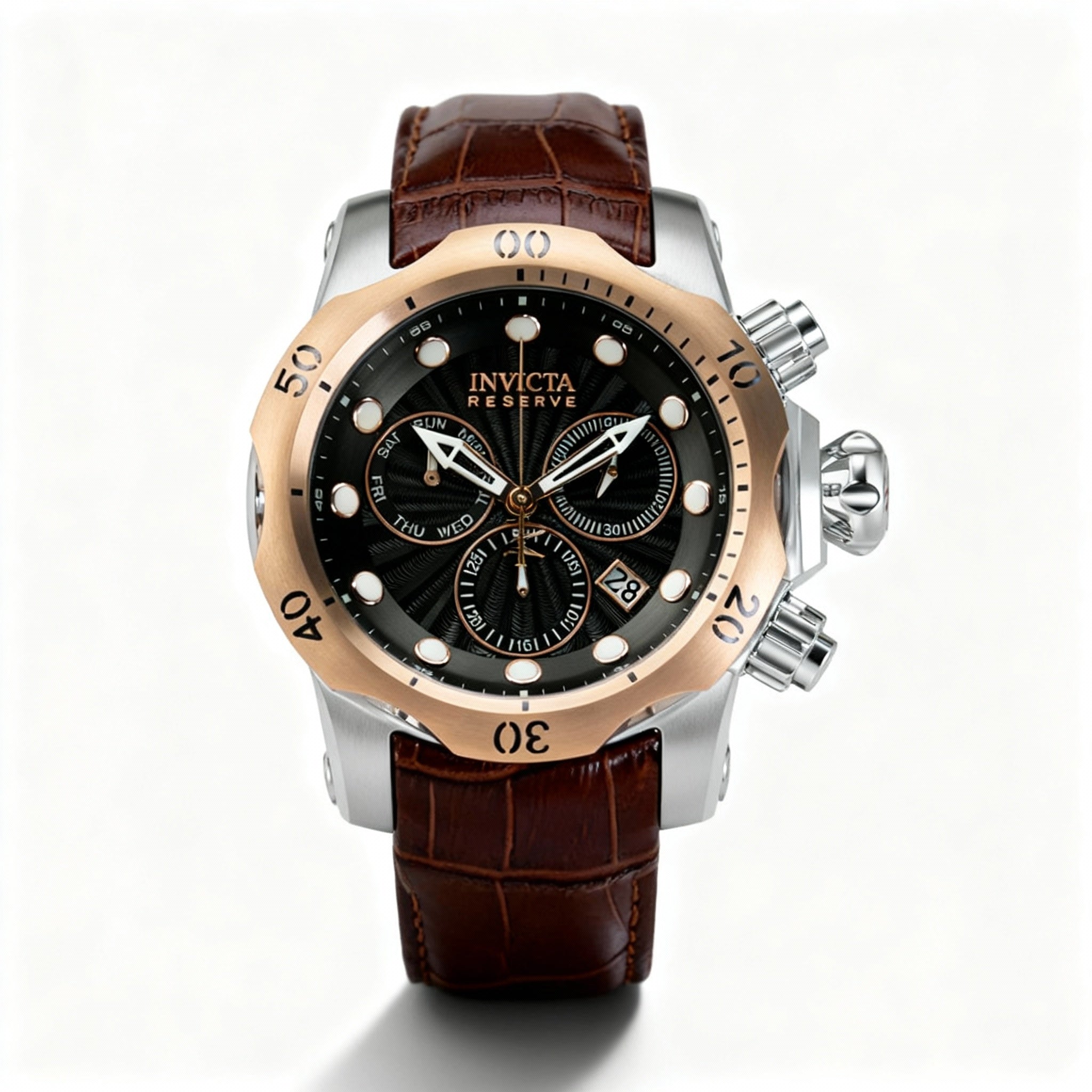 Invicta Reserve Venom 32958 Unisex 54mm Silver Stainless Steel Quartz Watch, Gunmetal Dial, Leather Band, Stopwatch