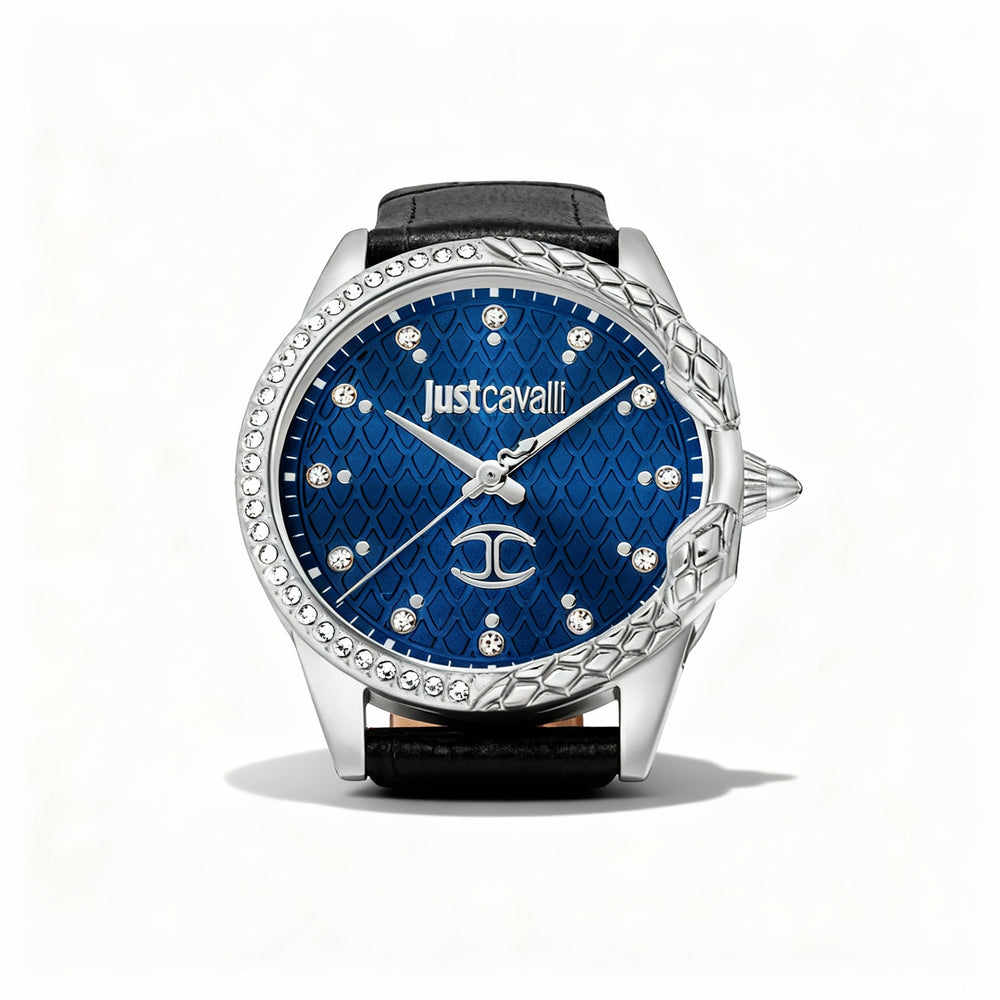 Reloj Just Cavalli Fashion para mujer, resistente al agua, de acero inoxidable plateado, con correa de piel negra y esfera azul.