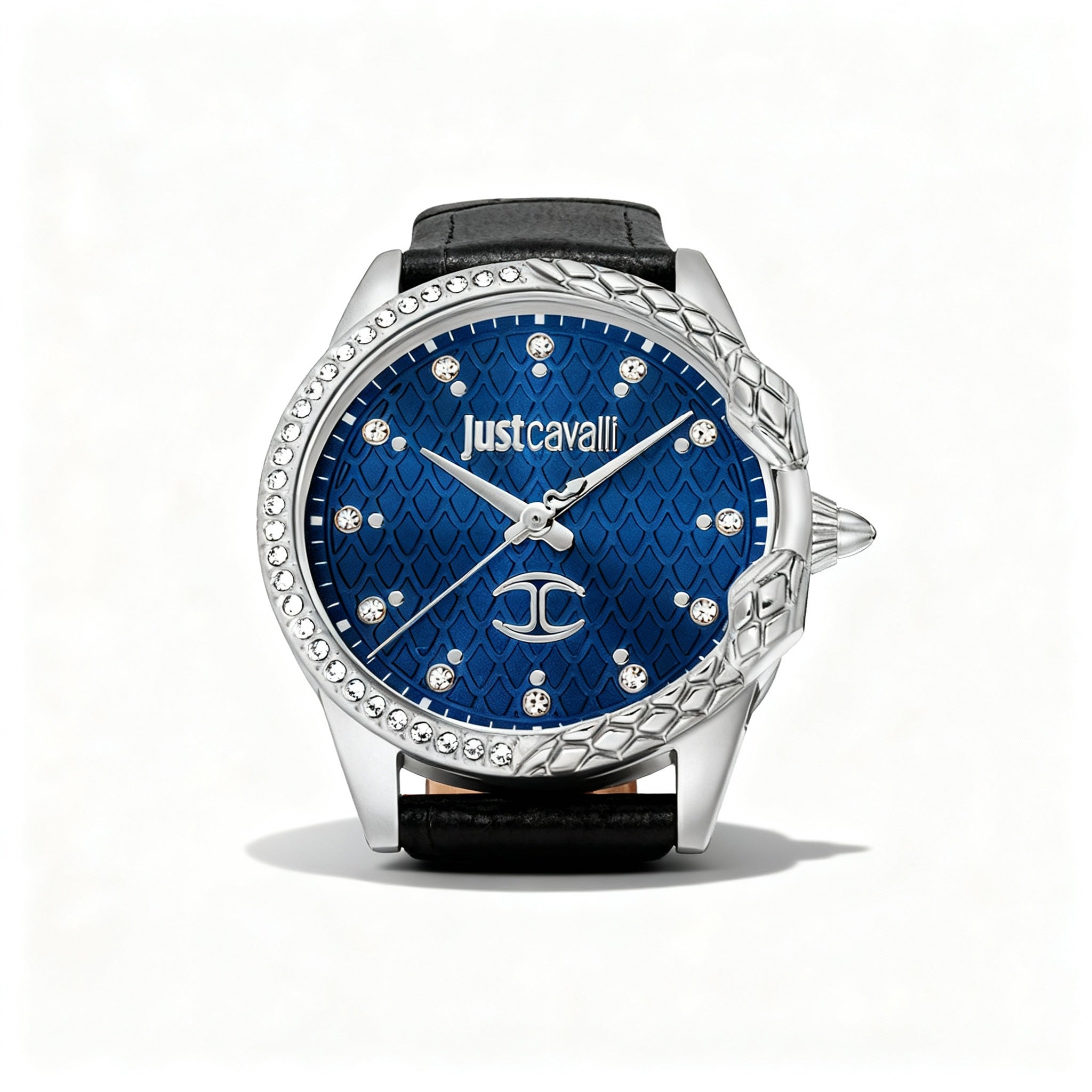 Just Cavalli Fashion Women's Waterproof Silver Stainless Steel Black Leather Strap Watch Blue Dial, Photo 1