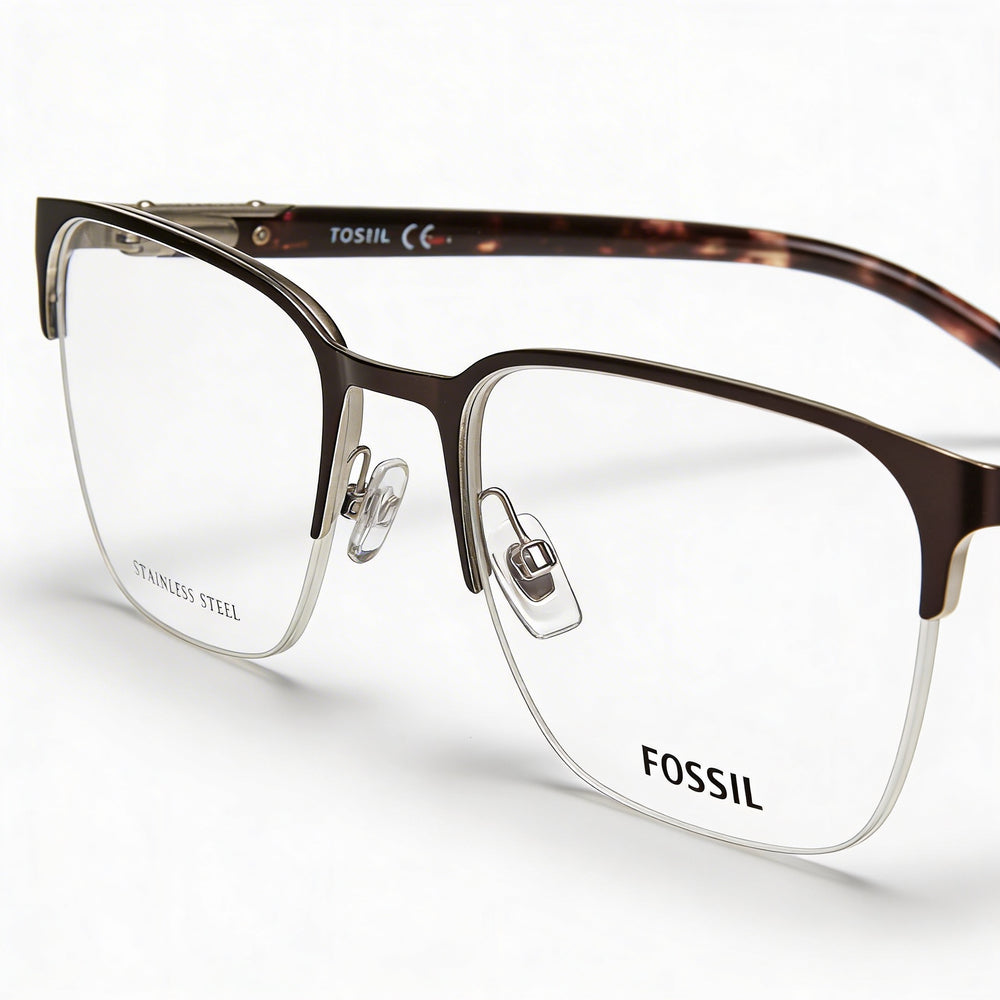 Gafas Fossil Fos 7110/G para hombre, cuadradas, de acero inoxidable, semi-sin montura, color marrón mate, con lentes transparentes de policarbonato, 54 mm