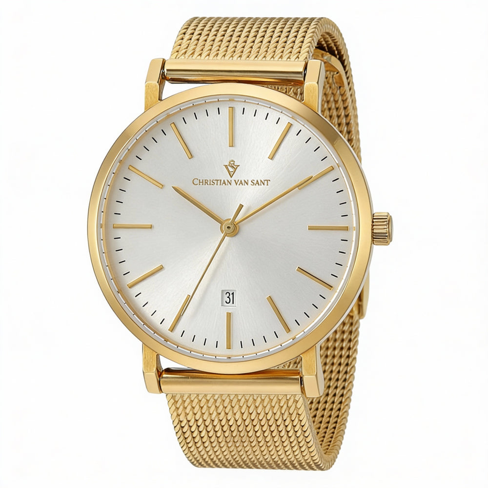 Reloj de cuarzo Christian Van Sant Paradigm para mujer, con esfera plateada, caja y pulsera de acero inoxidable y fecha.