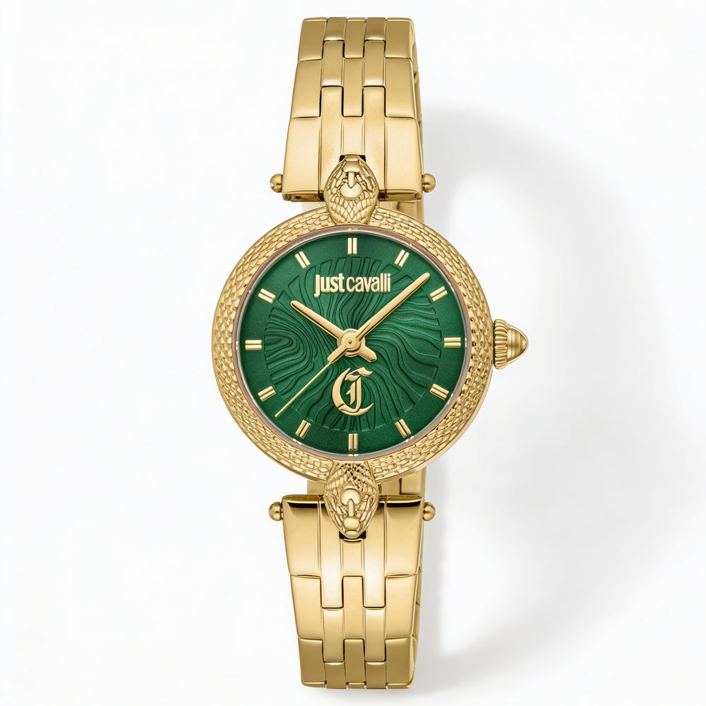 Just Cavalli Fashion Women's Yellow Gold Stainless Steel Bottle Green Dial Quartz Waterproof 28mm Watch