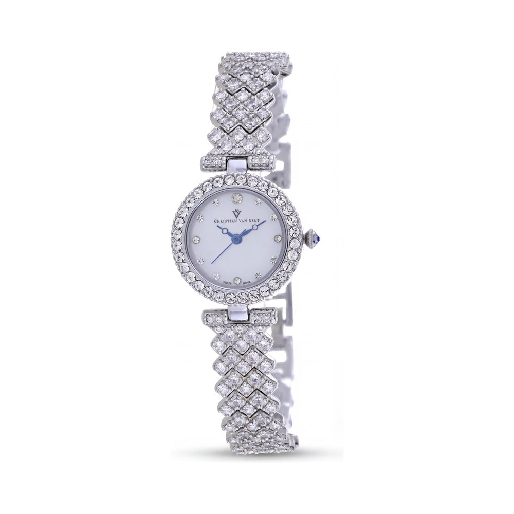 Reloj de cuarzo Christian Van Sant CV2950 para mujer con caja y brazalete de acero inoxidable plateado, esfera blanca y cristal mineral