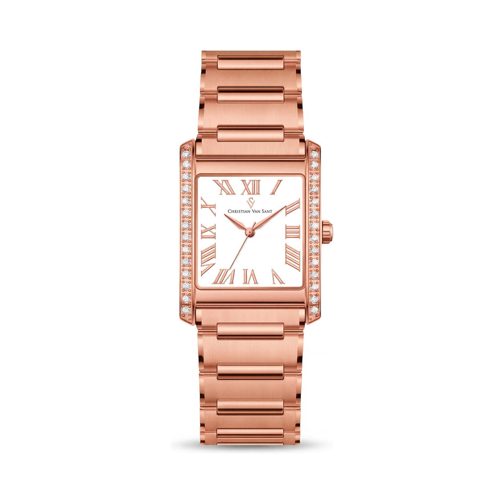 Christian Van Sant CV1287 Women's Rose Gold Tone Stainless Steel Square Quartz Watch, White Dial, 20mm
