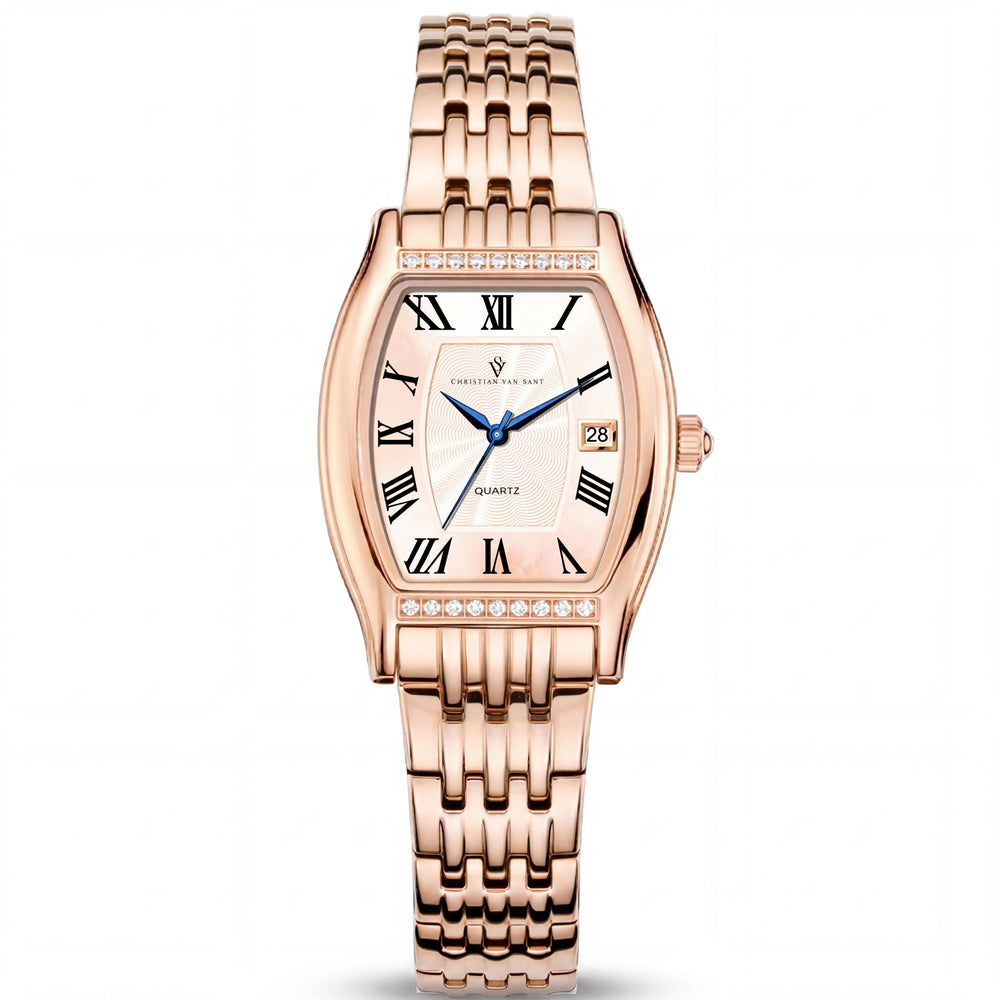 Reloj de cuarzo Christian Van Sant para mujer, de acero inoxidable y oro rosa, resistente a arañazos y al agua.