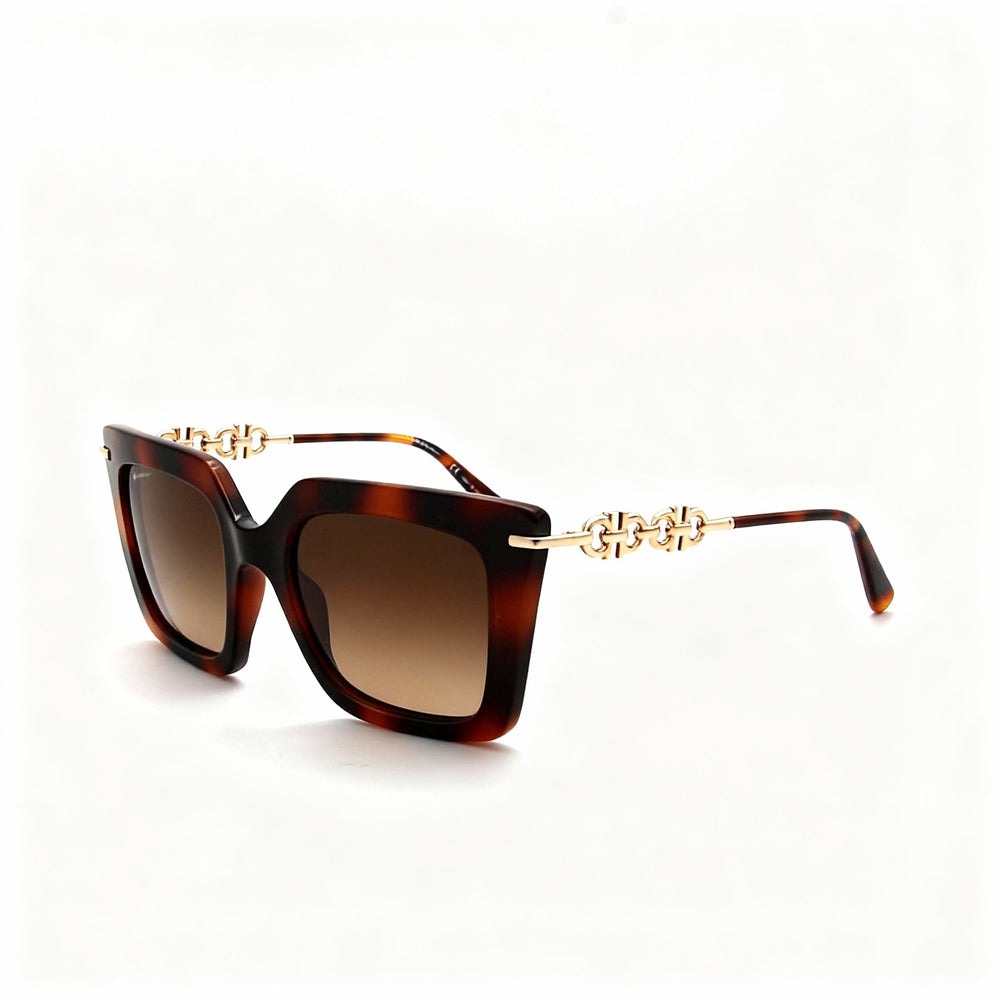 Gafas de sol clásicas Salvatore Ferragamo para mujer, montura de acero aleado, color Havana clásico, lentes de policarbonato no polarizado, 51-22-145
