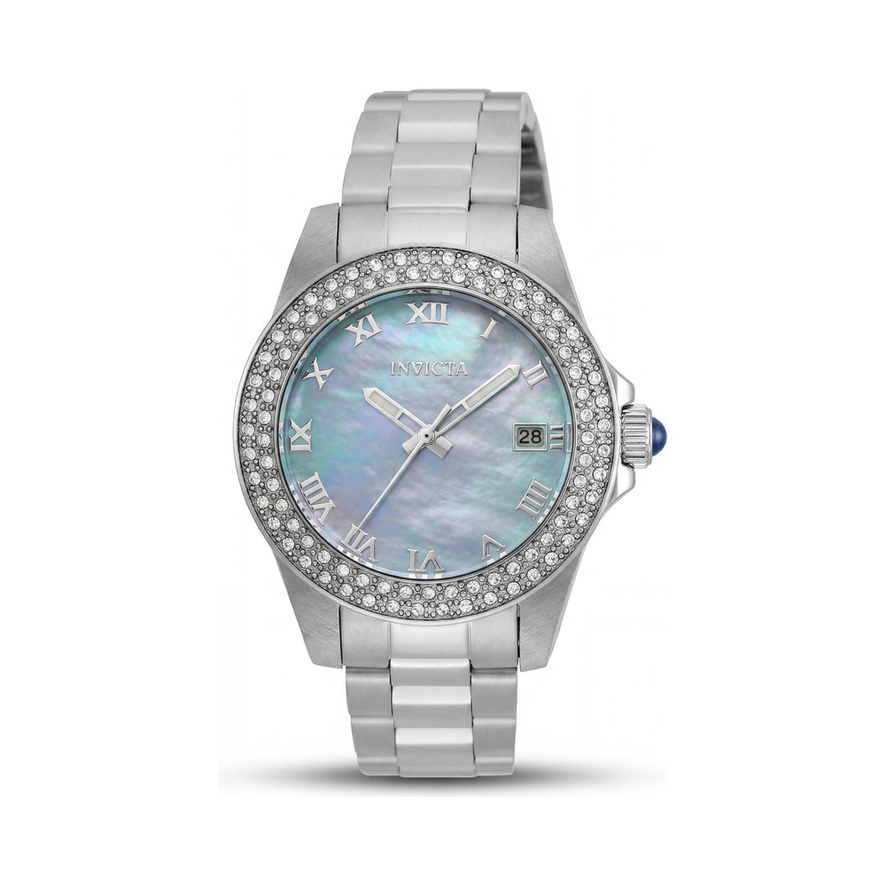 Reloj Invicta Angel 36071 unisex de acero inoxidable, caja plateada, esfera azul, pulsera de 34 mm, resistente al agua