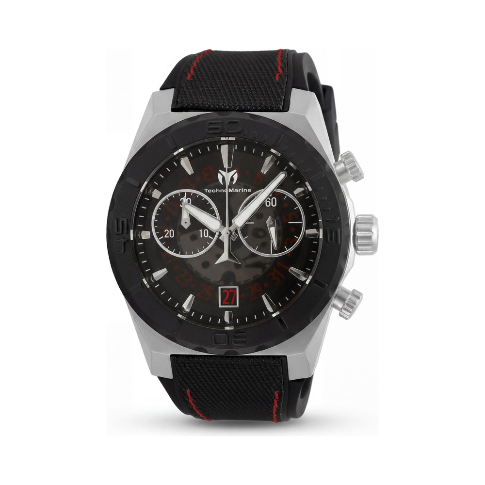 Reloj de hombre TechnoMarine moderno con cronógrafo, caja de acero inoxidable negra de 48 mm, esfera luminosa y correa de silicona y nylon