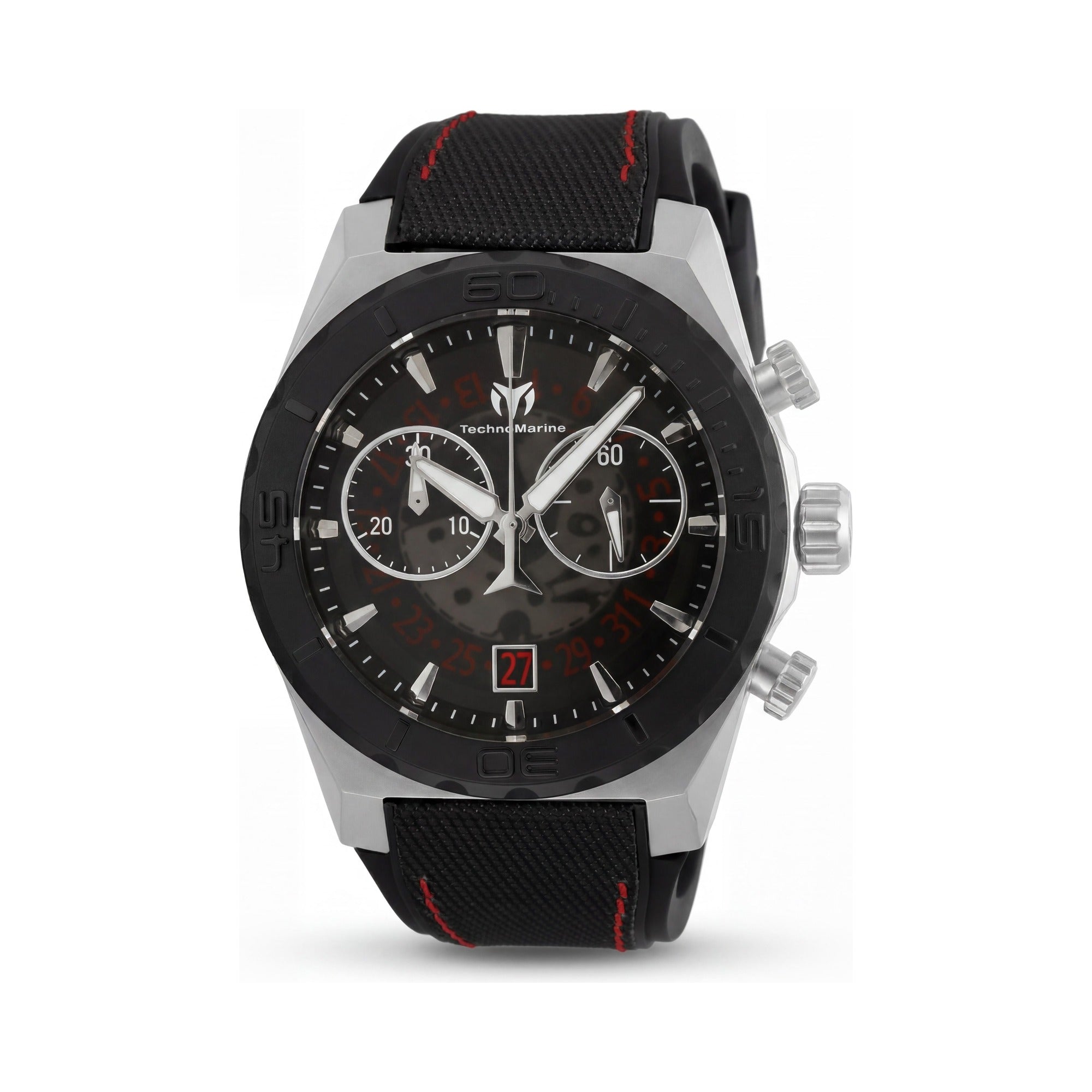 TechnoMarine Modern Men's Black Stainless Steel 48mm Chronograph Luminous Dial Silicone Nylon Band Watch, Photo 1
