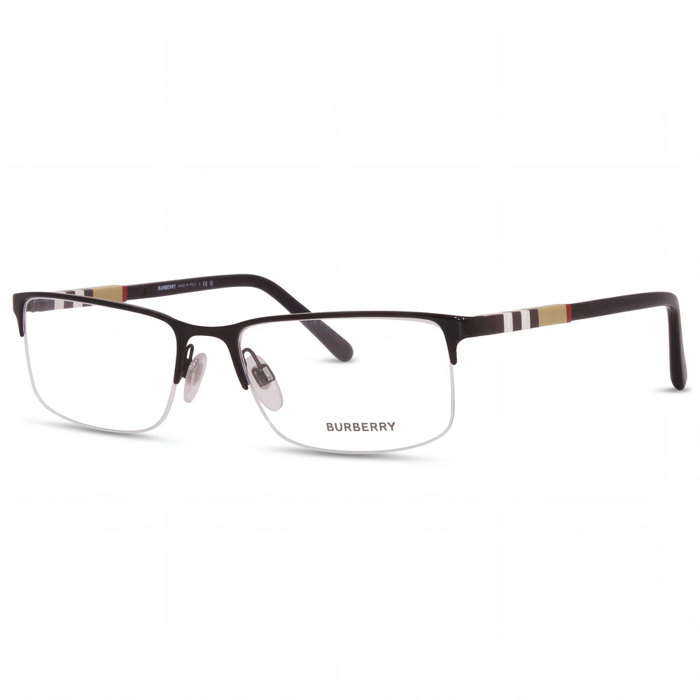 BURBERRY Be 1282 Men's Metal Semi-Rimless Rectangle Eyeglasses with Clear Non- Lenses, Black Frame, 55-18-145mm