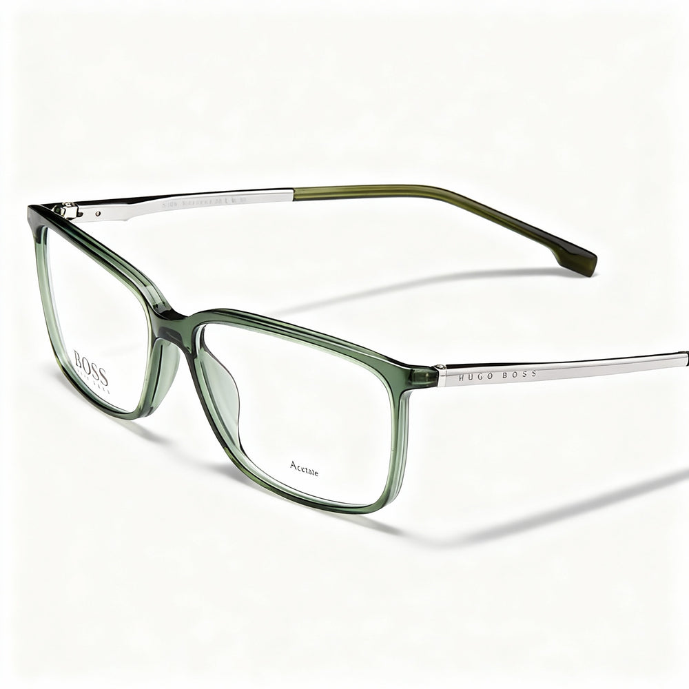 Gafas ópticas unisex BOSS 1185/It, diseñadas con marco de plástico verde y ancho de lente de 56 mm.