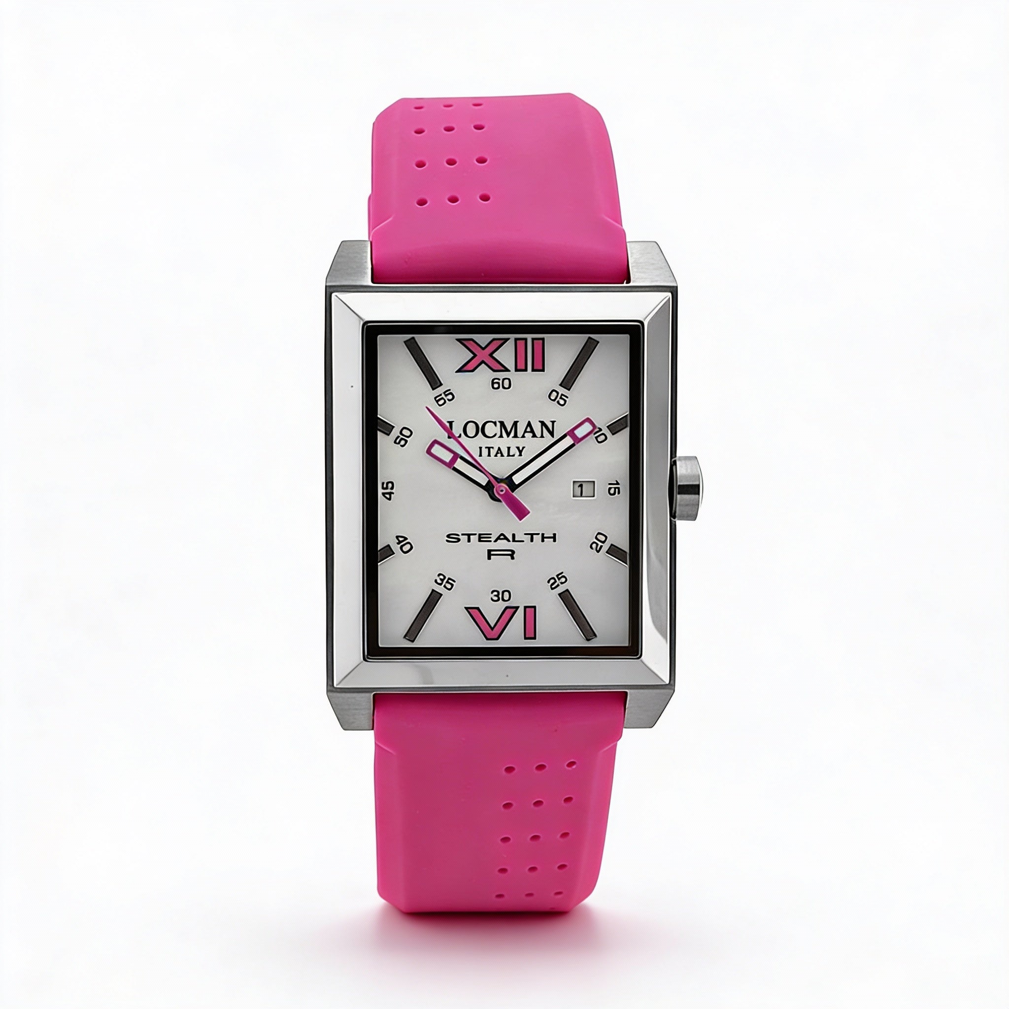 Reloj Locman para hombre con movimiento de cuarzo, acero inoxidable blanco, correa de silicona, esfera de nácar y resistente al agua., Photo 1