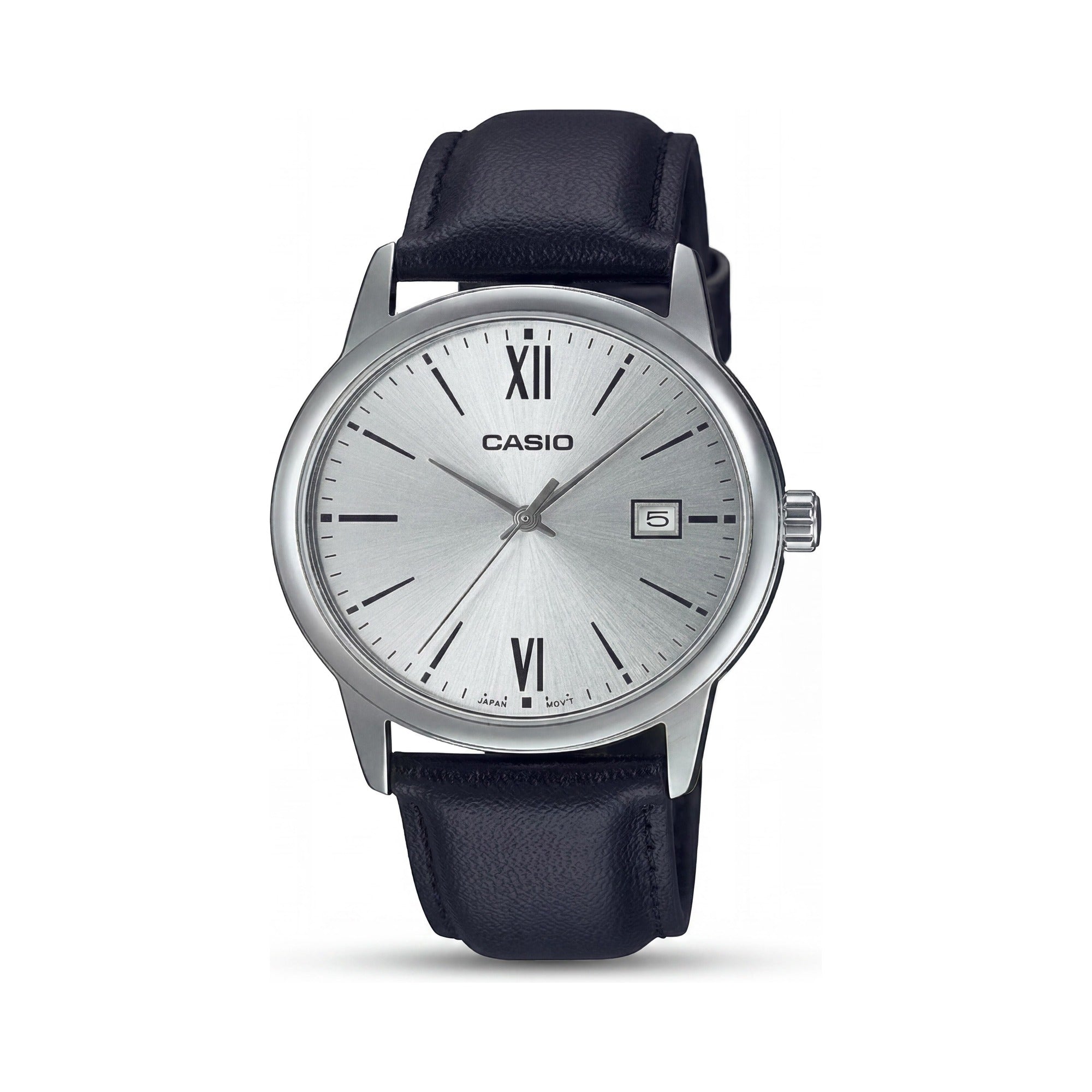 Casio Men's Quartz Movement Black Stainless Steel Leather Strap Round Glow In The Dark Watch 38mm, Photo 1