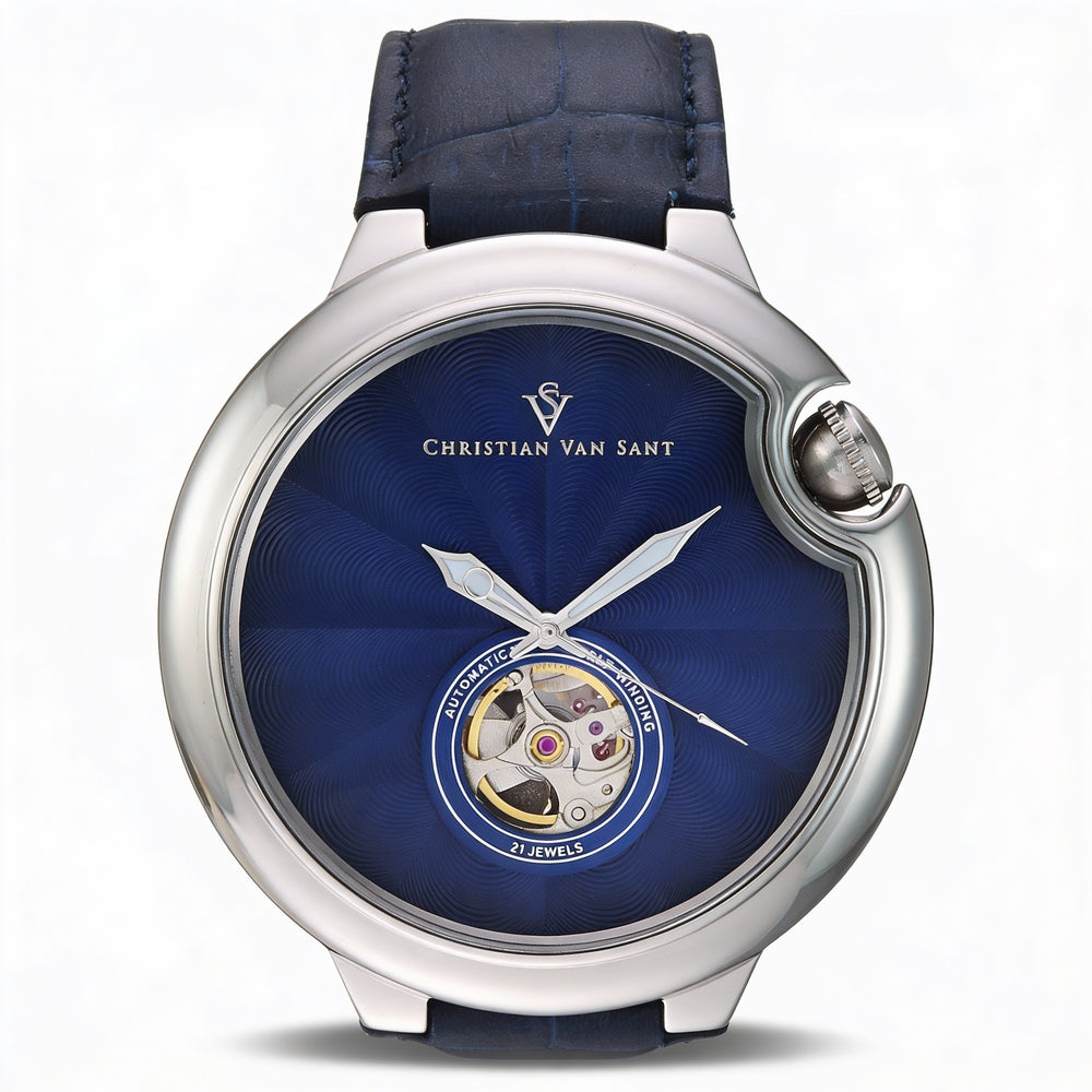 Christian Van Sant Cyclone Automatic Men's Blue Dial Stainless Steel Leather Strap 46mm Water Resistant 50m Watch