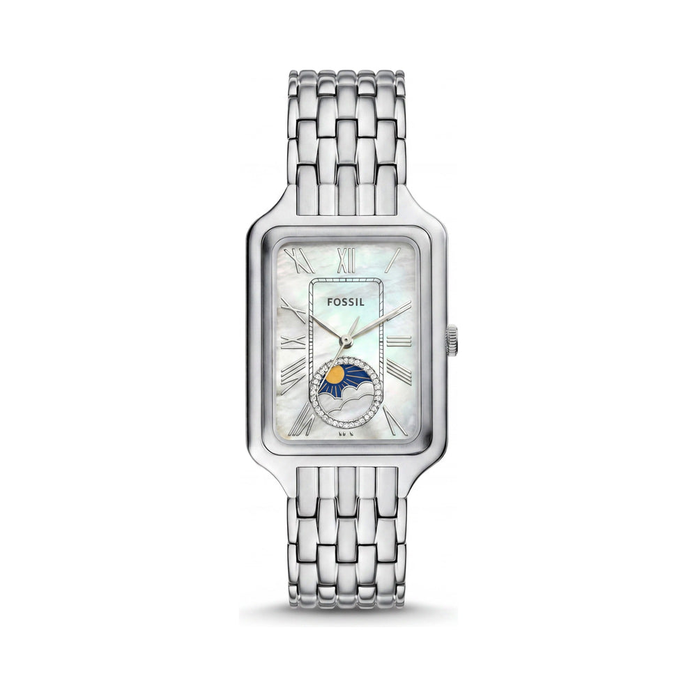 Reloj Fossil Raquel para mujer, de acero inoxidable plateado, con caja rectangular, nácar, fase solar y lunar, de cuarzo, 29 mm