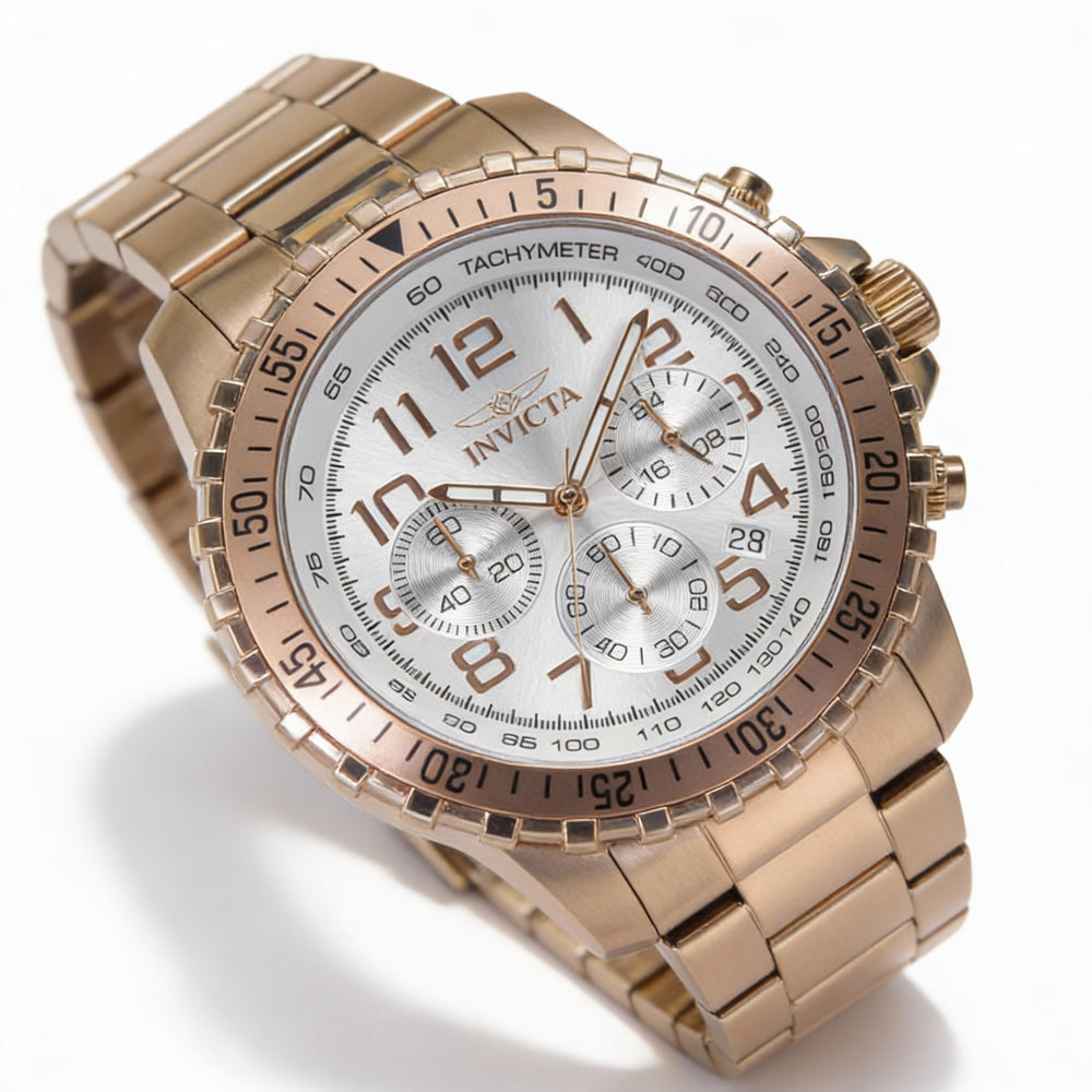 Invicta Men's Chronograph Watch with Rose Gold-Tone Stainless Steel Case & Bracelet, Silver Dial