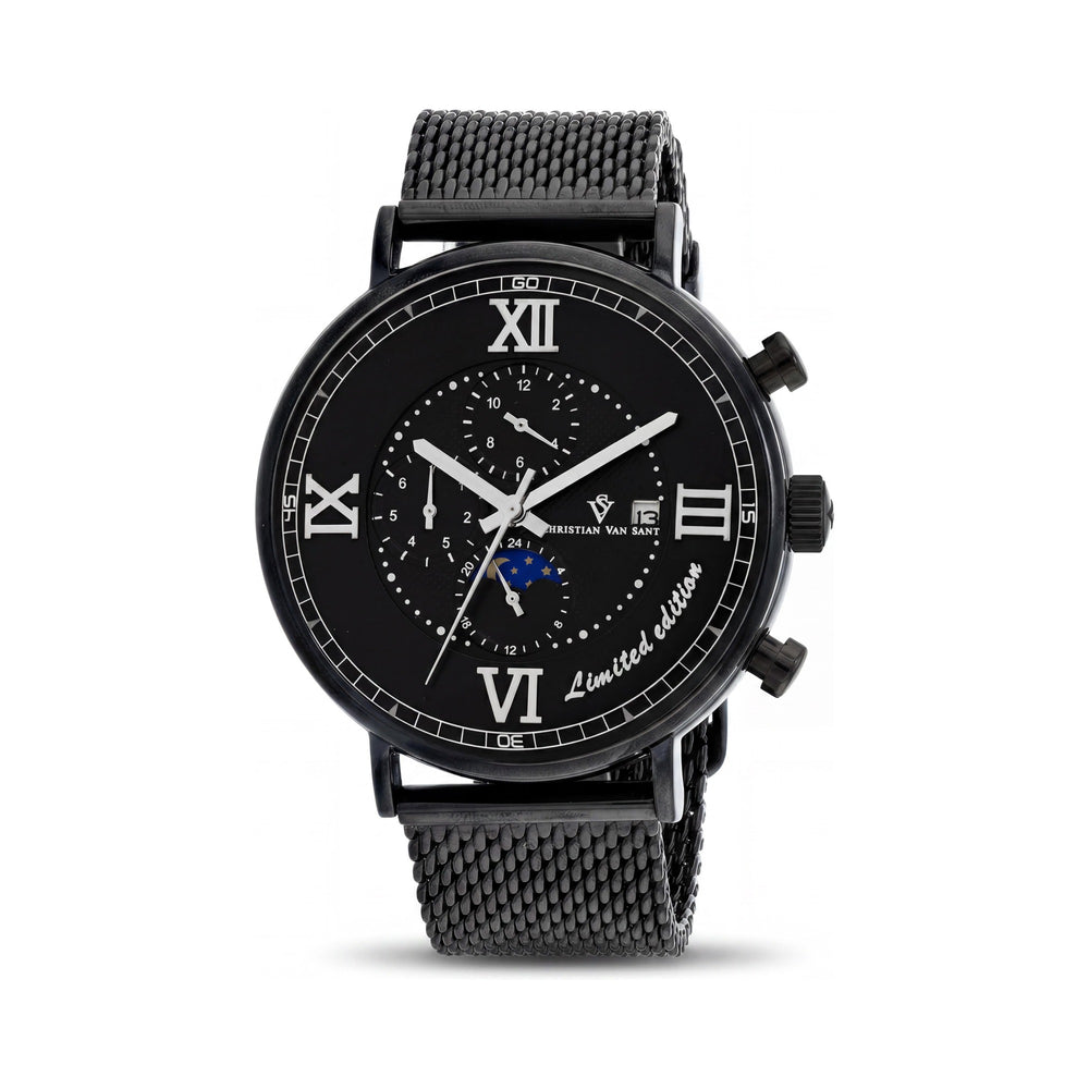 Christian Van Sant bracelet Men's Automatic Movement Black Dial Stainless Steel Case Mesh Bracelet Water Resistant Watch
