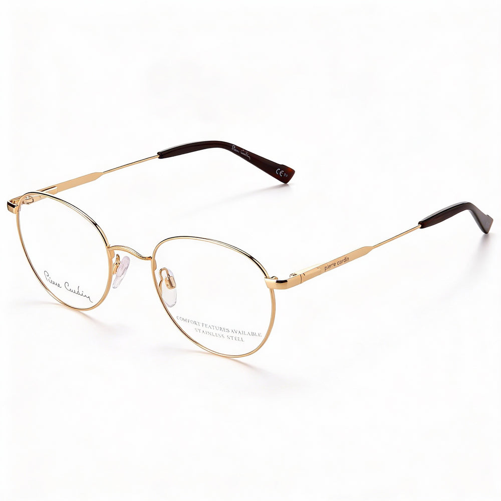 Gafas unisex modernas Pierre Cardin con montura metálica dorada y lentes de policarbonato. Ancho de lente: 52 mm. Puente: 21 mm. Longitud de patilla: 150 mm.