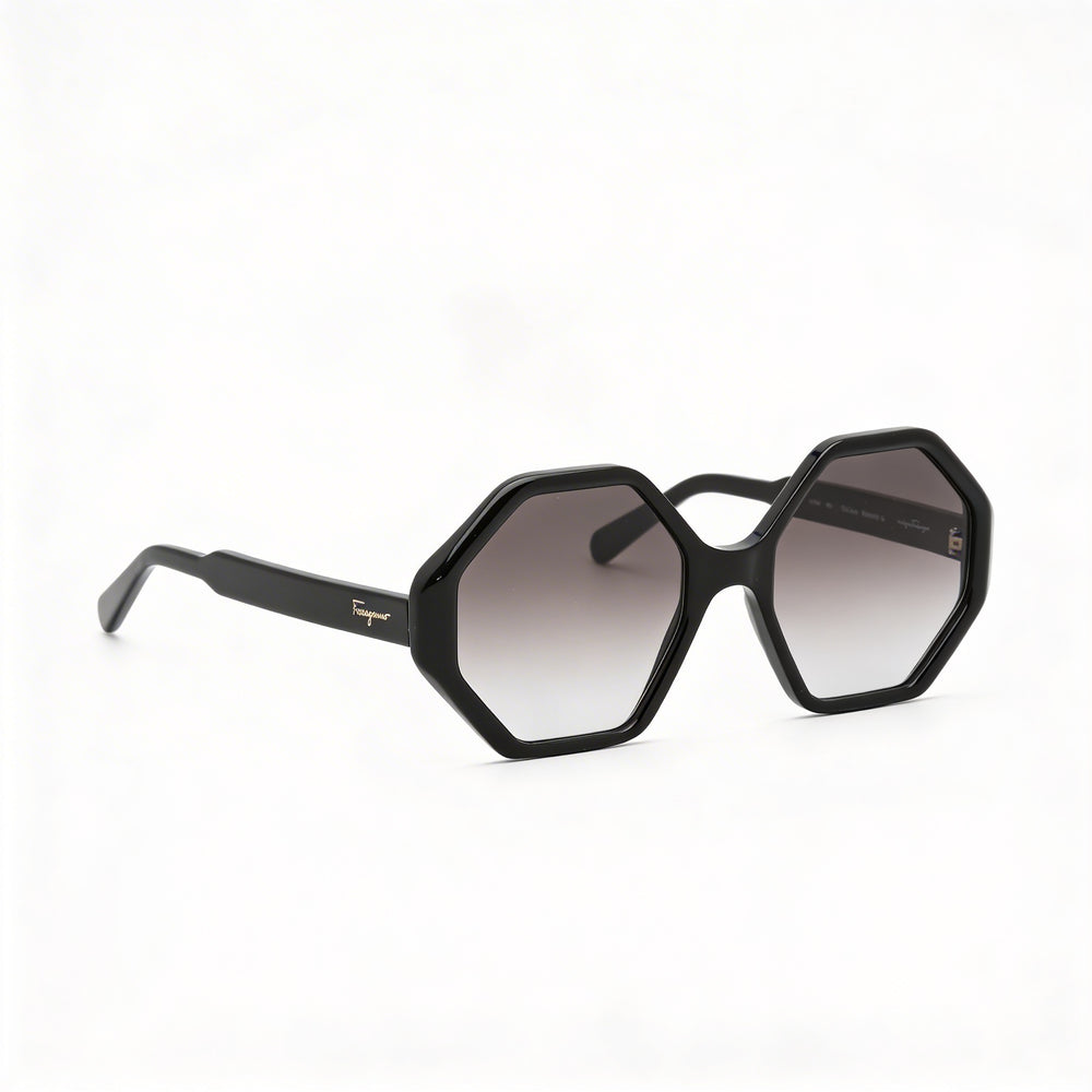 Gafas de sol Salvatore Ferragamo SF1070S para mujer, de acetato negro, con montura hexagonal en gris degradado y protección UV 100 %, 55 mm