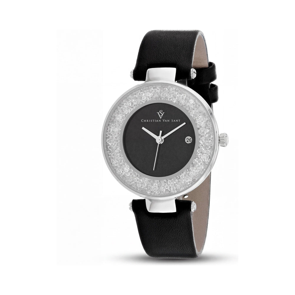 Reloj de cuarzo negro para mujer de Christian Van Sant con fecha y cristal mineral resistente a arañazos.