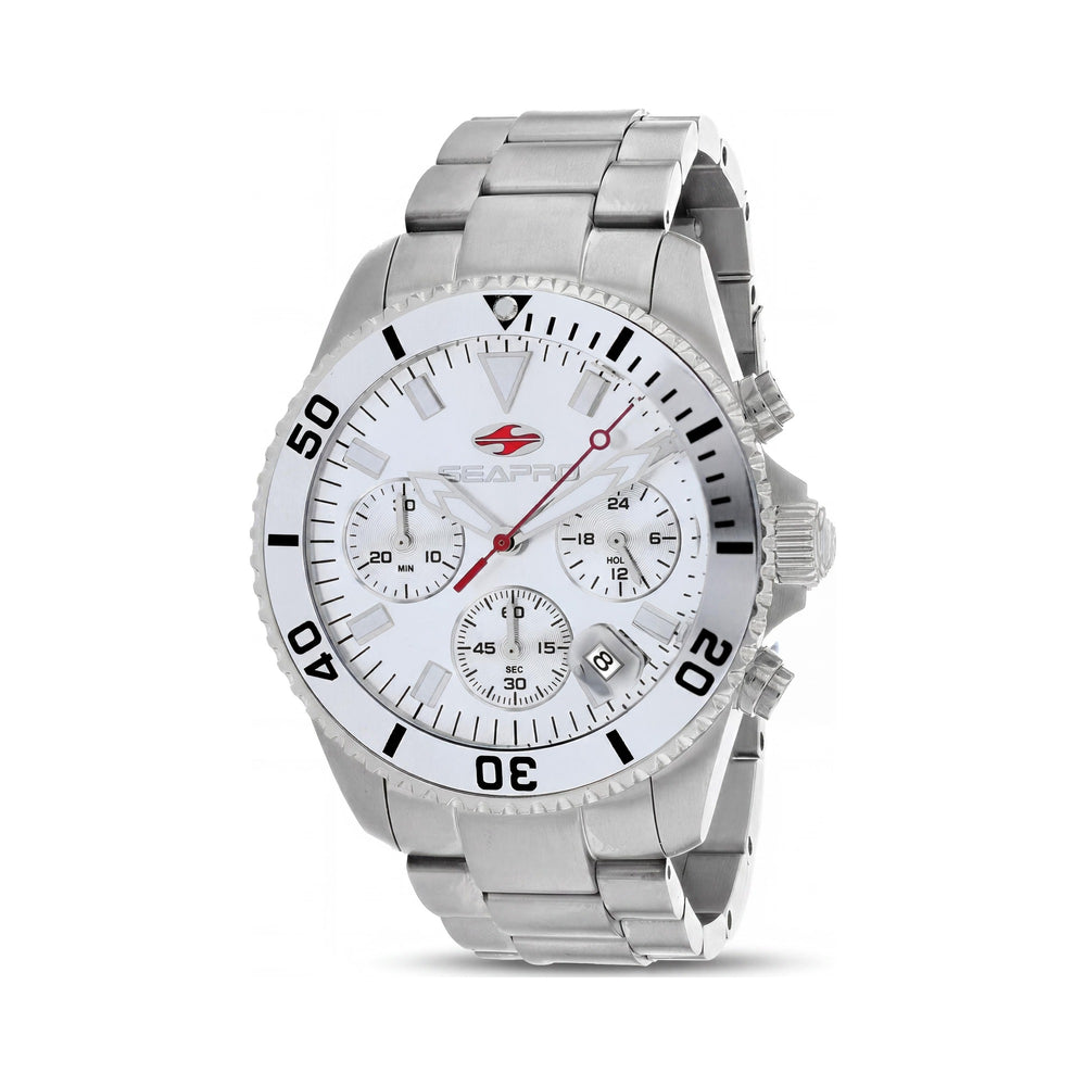 Reloj Seapro de acero inoxidable plateado para hombre, con movimiento de cuarzo y cristal mineral, resistente al agua hasta 200 metros.