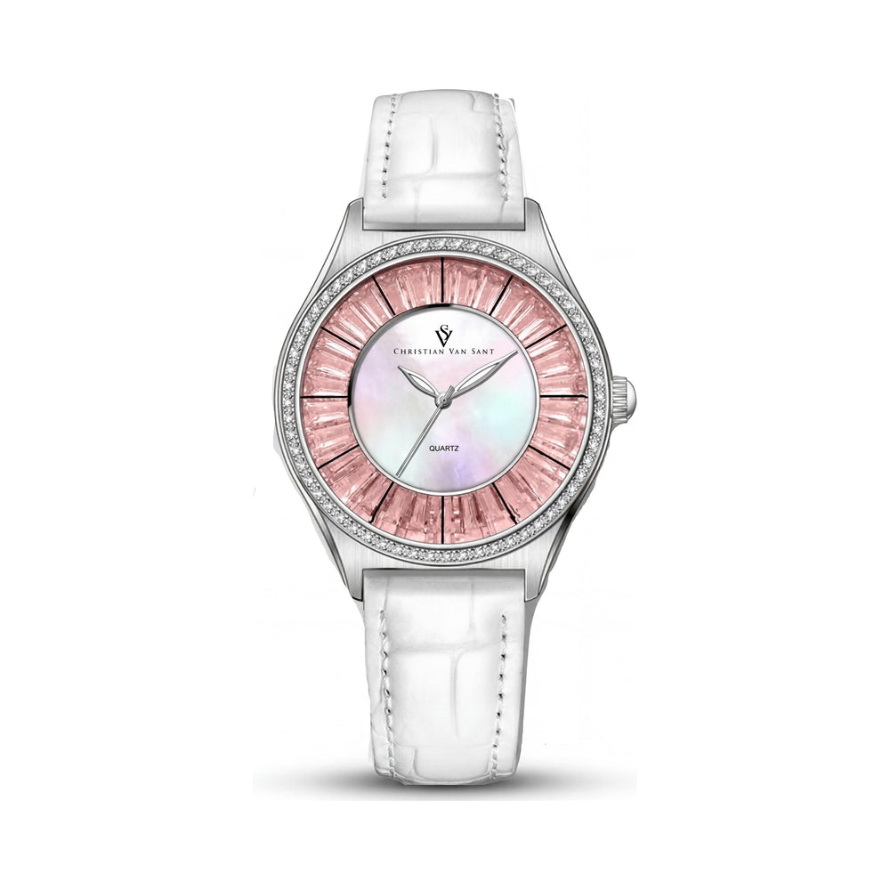 Reloj de cuarzo para mujer de Christian Van Sant, esfera de nácar, caja de acero inoxidable y correa de piel.