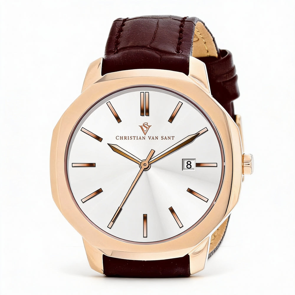 Christian Van Sant CV0533 Men's Silver Stainless Steel Quartz Leather Strap Shock Resistant Watch