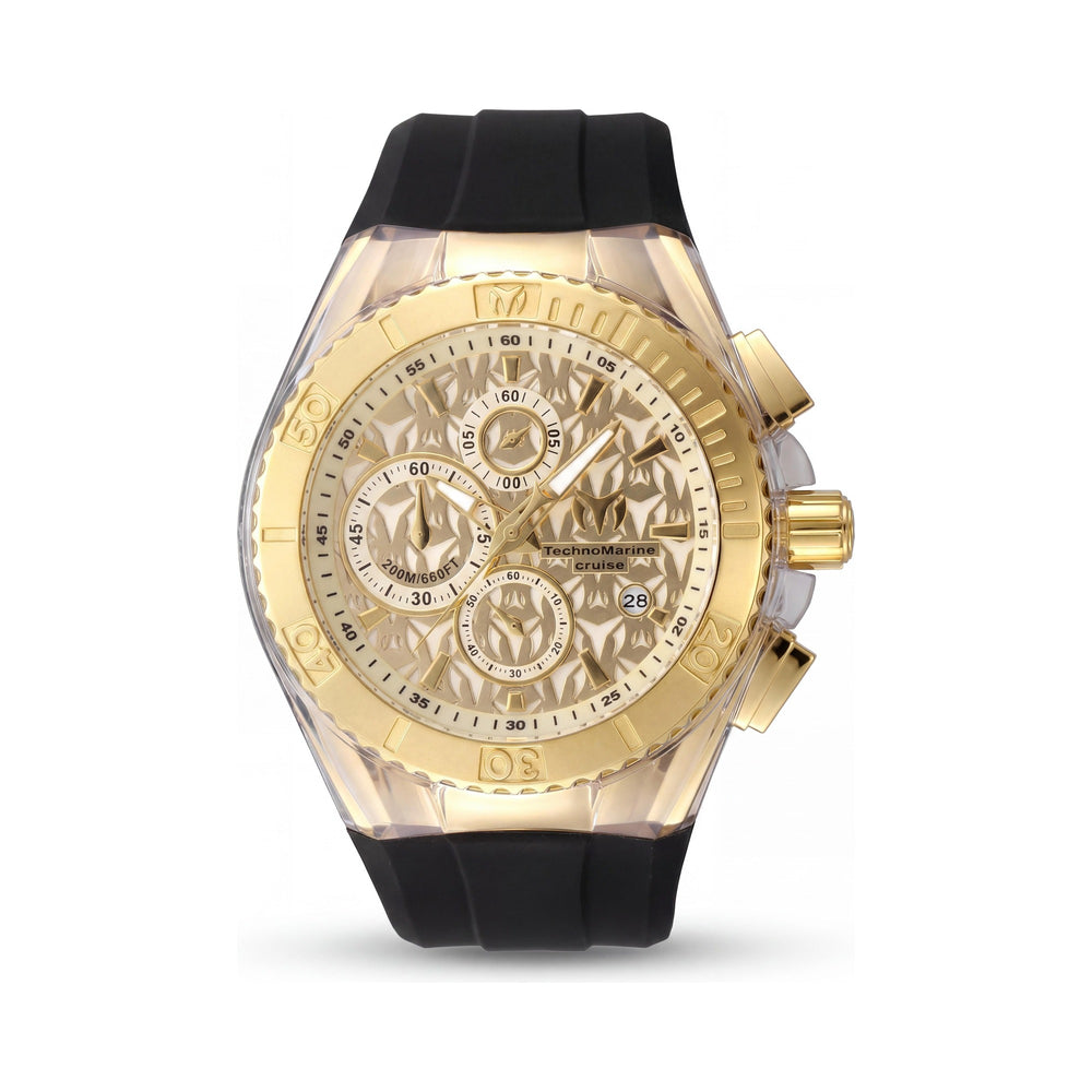 Reloj Technomarine Cruise TM-125002 Cronógrafo de cuarzo para hombre, de acero inoxidable, esfera dorada, correa de silicona, 45 mm