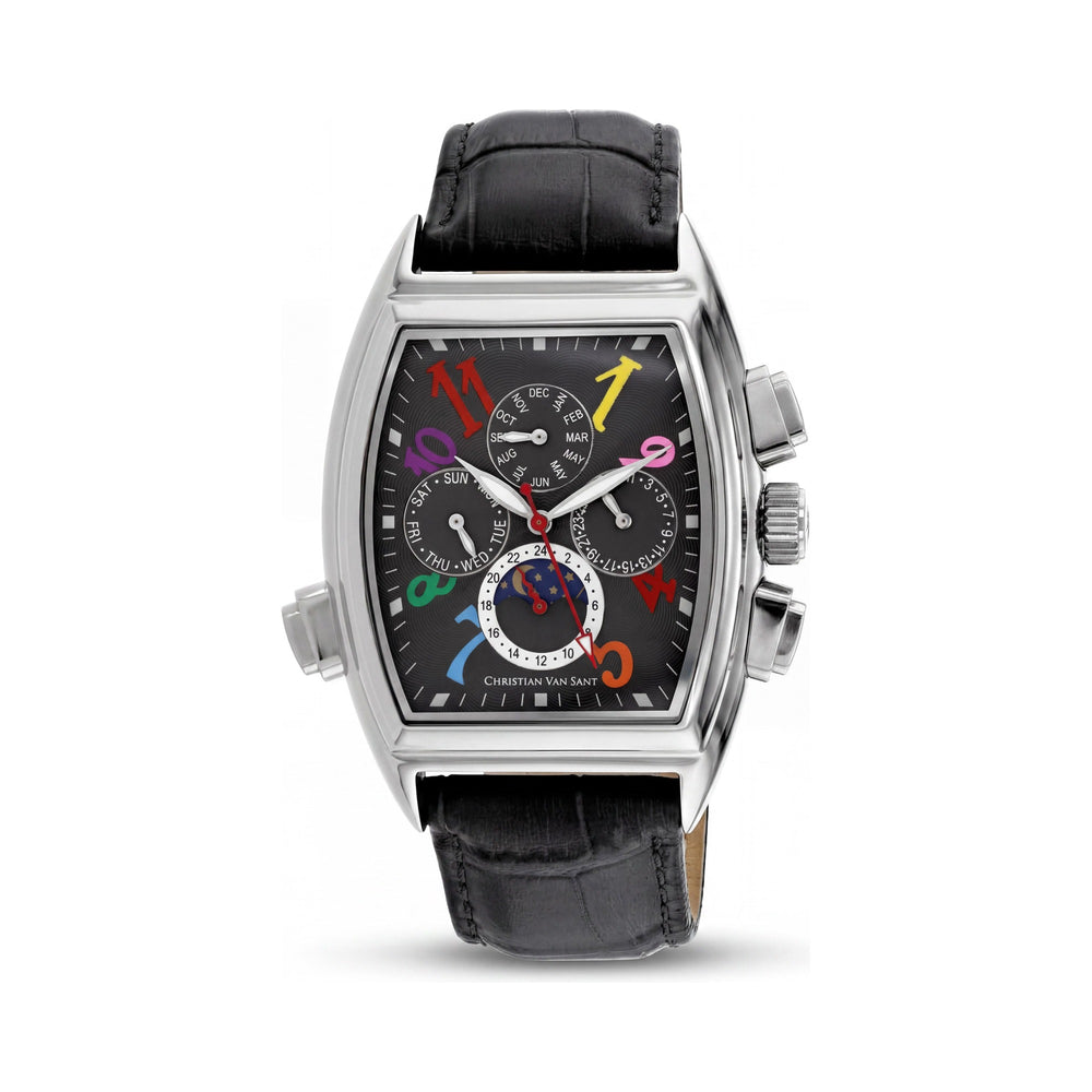 Christian Van Sant Men's CV2130 Grandeur Automatic Moon Phase Black Stainless Steel Leather Watch
