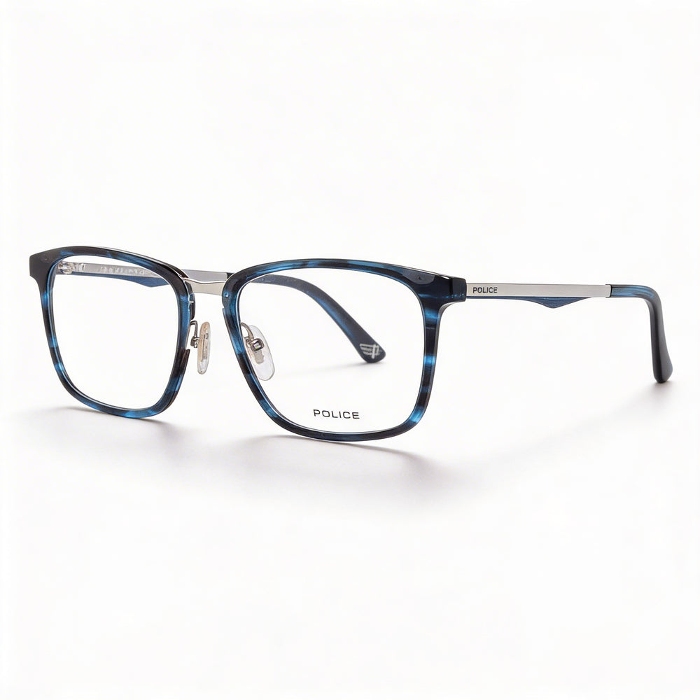 Gafas graduadas Police modernas unisex con montura de acetato y metal en azul mármol y plata 52-18-140