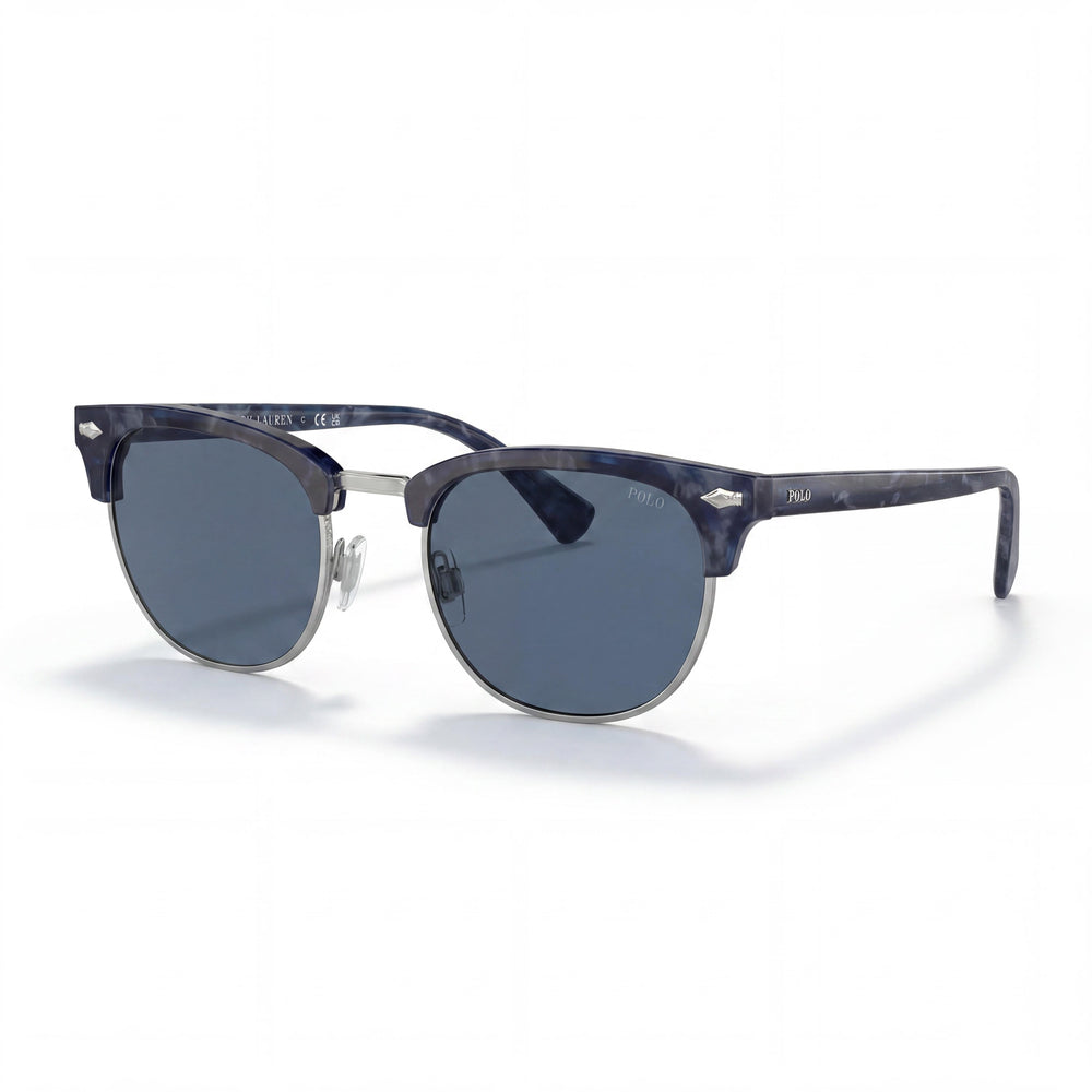 POLO RALPH LAUREN Ph4217 Men's Round Plastic Sunglasses Shiny Blue Havana Dark Blue Lenses UV Protected Non-Polarized 53mm
