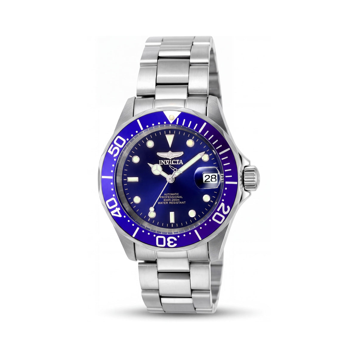 Invicta Pro Diver Reloj automático para hombre, brazalete de acero inoxidable tono plateado de 40 mm, esfera azul, fecha, cristal Flame Fusion, resistente al agua 200M, Photo 1
