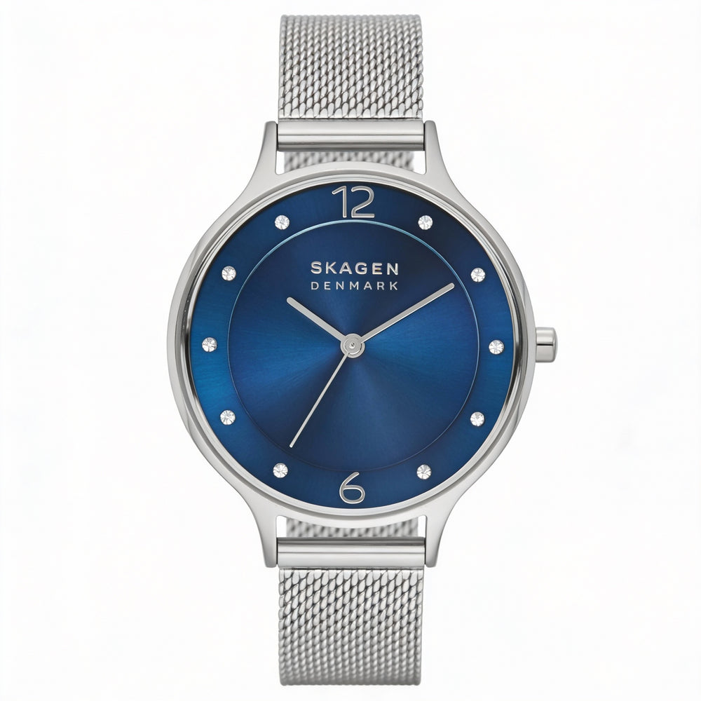 SKAGEN DENMARK Reloj analógico de cuarzo Anita Lille para mujer, de acero inoxidable, con esfera azul y malla plateada, segundero y resistente al agua hasta 30 m.