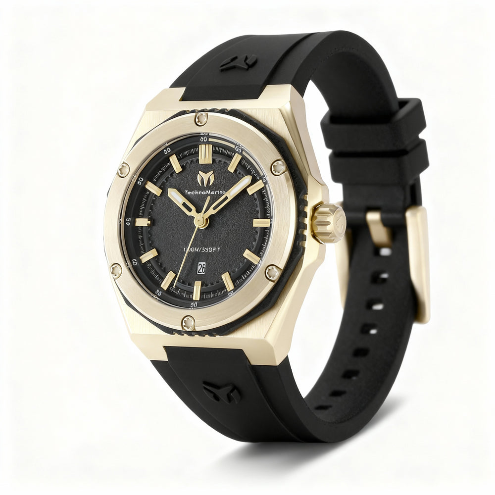 TechnoMarine CORAL - Legacy TM-416056 Reloj de cuarzo para mujer de acero inoxidable dorado de 36 mm con esfera negra y correa de silicona