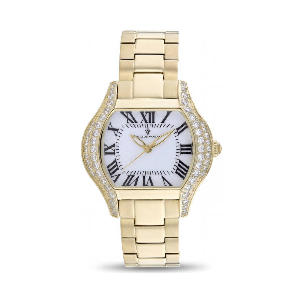 Reloj moderno Christian Van Sant para mujer de acero inoxidable blanco con esfera de nácar y movimiento de cuarzo