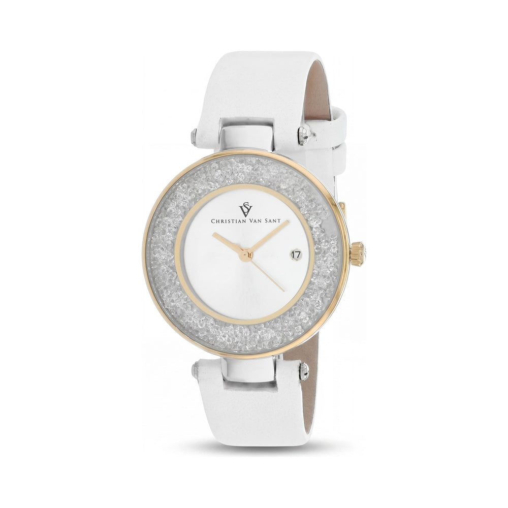 Reloj de cuarzo para mujer de Christian Van Sant con esfera plateada y función de visualización de fecha.