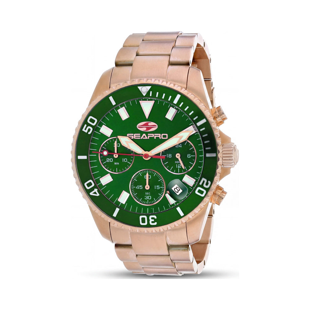 Reloj Seapro para hombre con movimiento de cuarzo, acero inoxidable, esfera verde y resistente al agua.