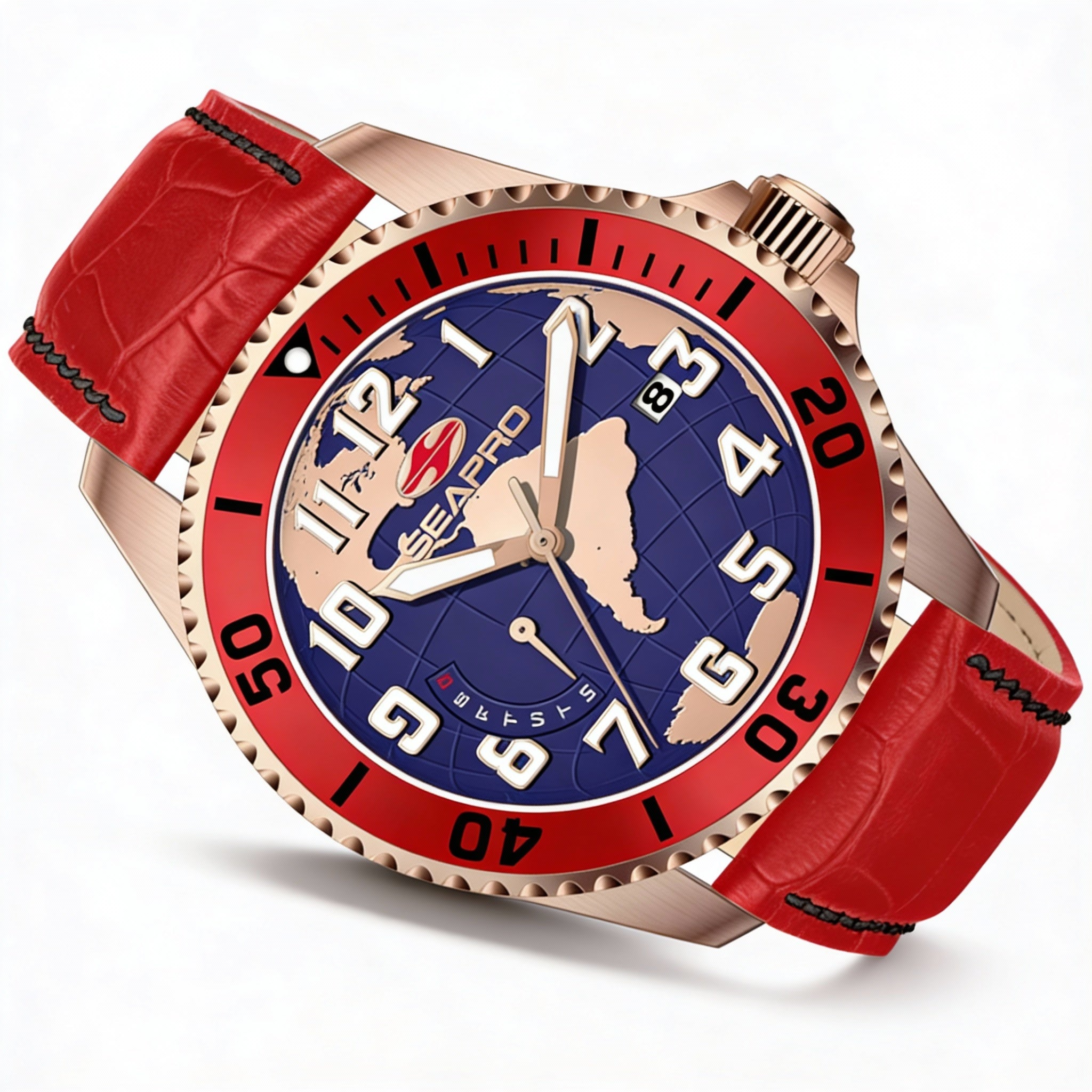 Seapro Quartz Movement Men's Blue Dial Stainless Steel Water Resistant Watch with Leather Strap, Photo 1